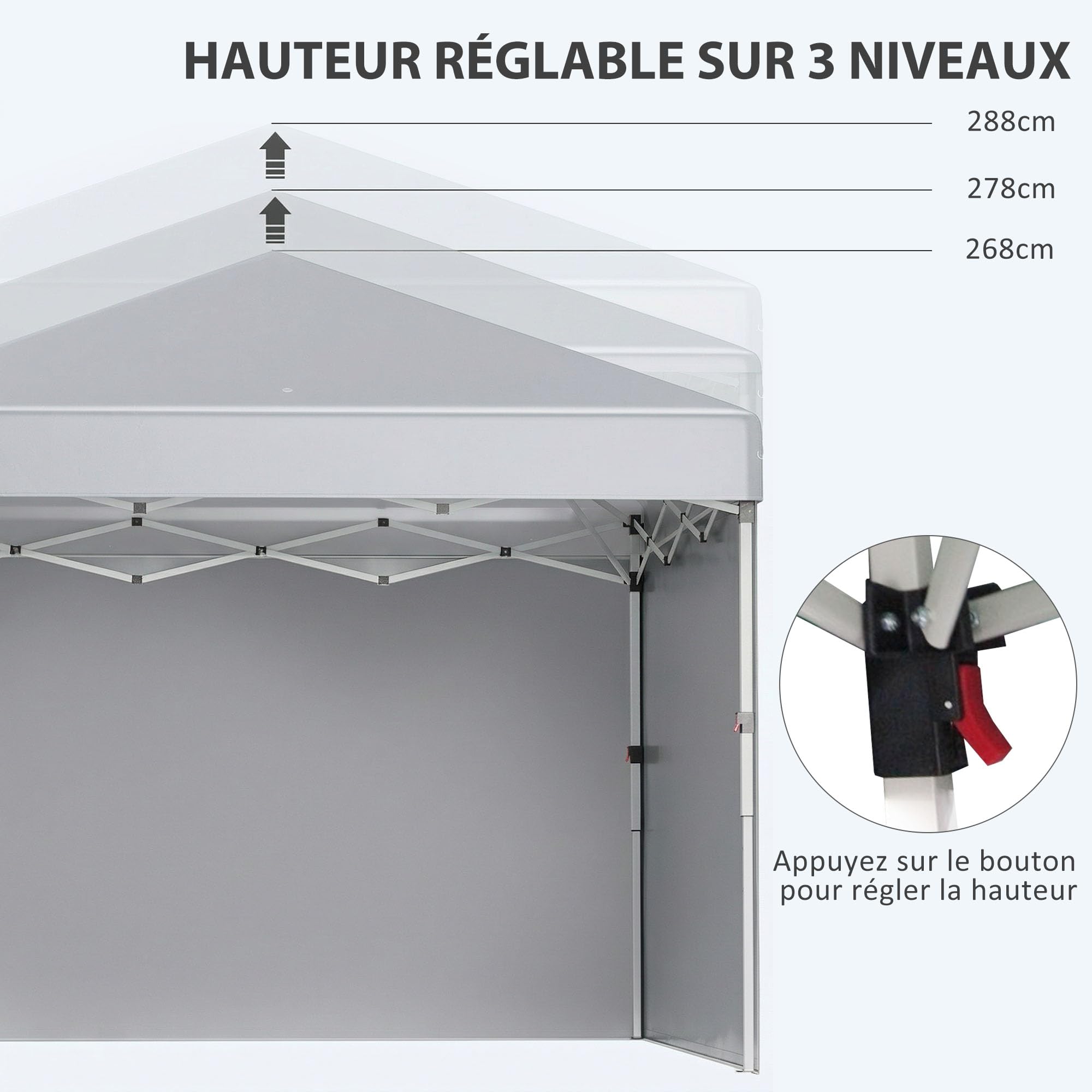Outsunny Tonnelle de Jardin Pop-up Pliant Barnum réglable en Hauteur Protection UV 30+ 2 parois latérales - Sac de Transport Inclus - pour fête, événement Plein air - 297 x 297 x 288 cm Gris Clair