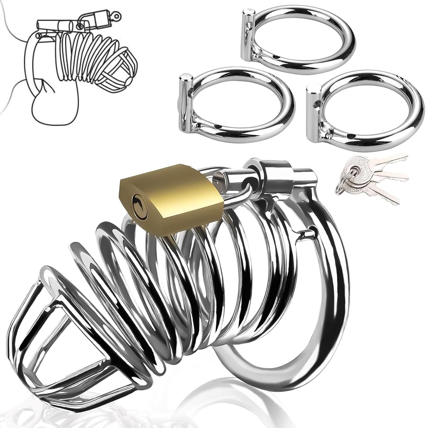 Cock Cage Male Chastity Devices Locked Cage BDSM Sex Toy, Large Metal Chastity Cage with 3 Rings of Different Sizes & 3 Unlocking Keys, Penis Training Cage Sex Toys for Men
