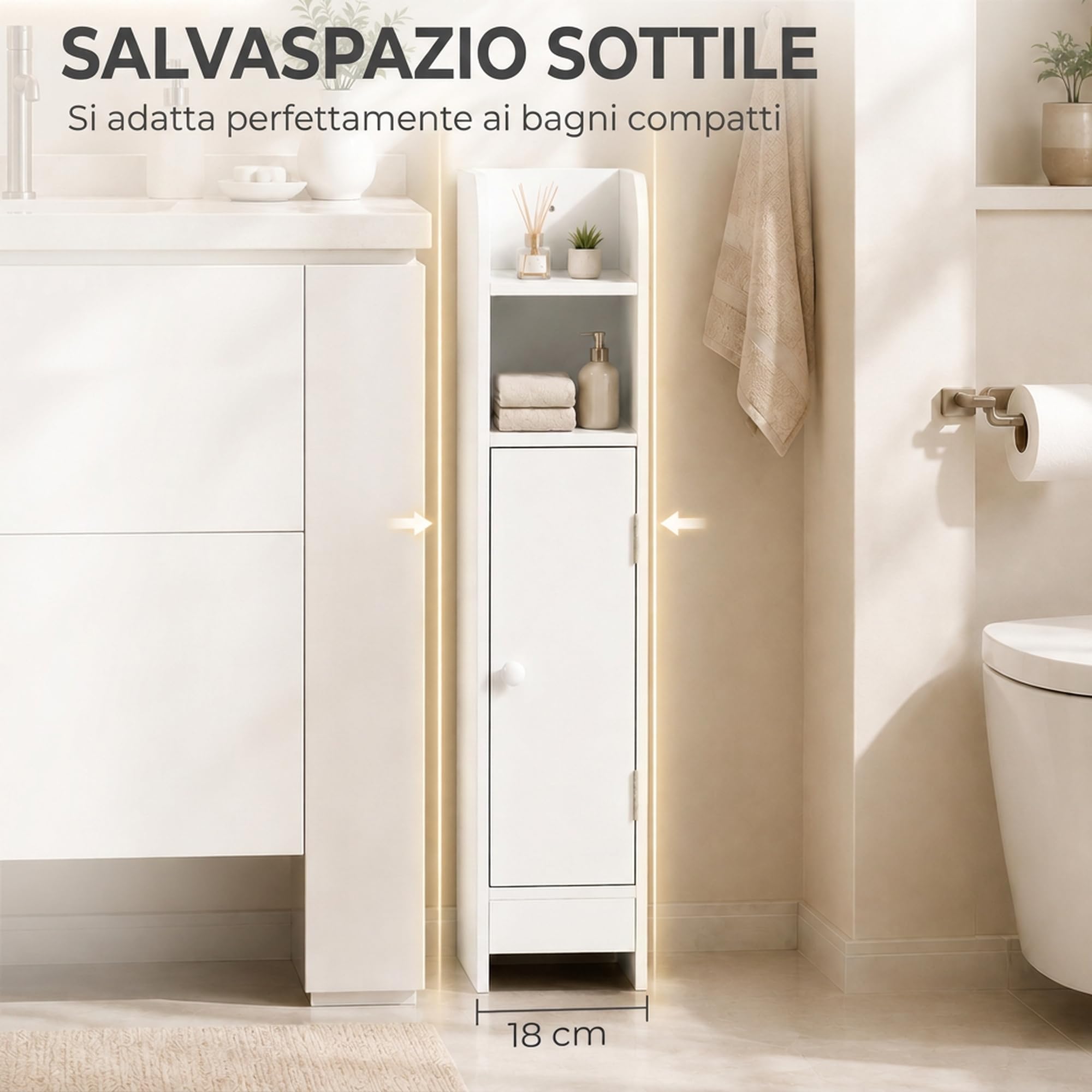 HOMCOM Mobile Bagno Salvaspazio Stretto, 18x20x80 cm, Bianco