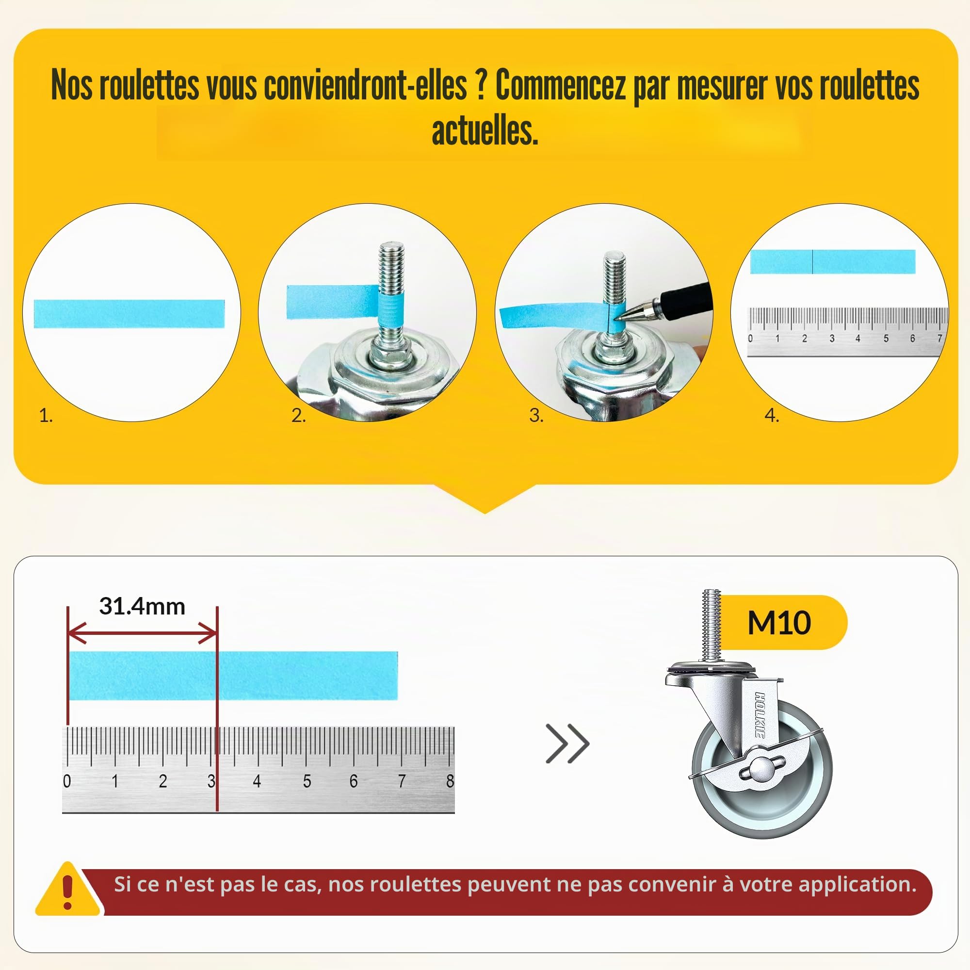 HOLKIE Roulettes pour meubles 75 mm avec freins, M10 x 1,5 x 30 mm Lot de 4 roulettes pivotantes à tige filetée - Roulettes charge lourde verrouillables Gris