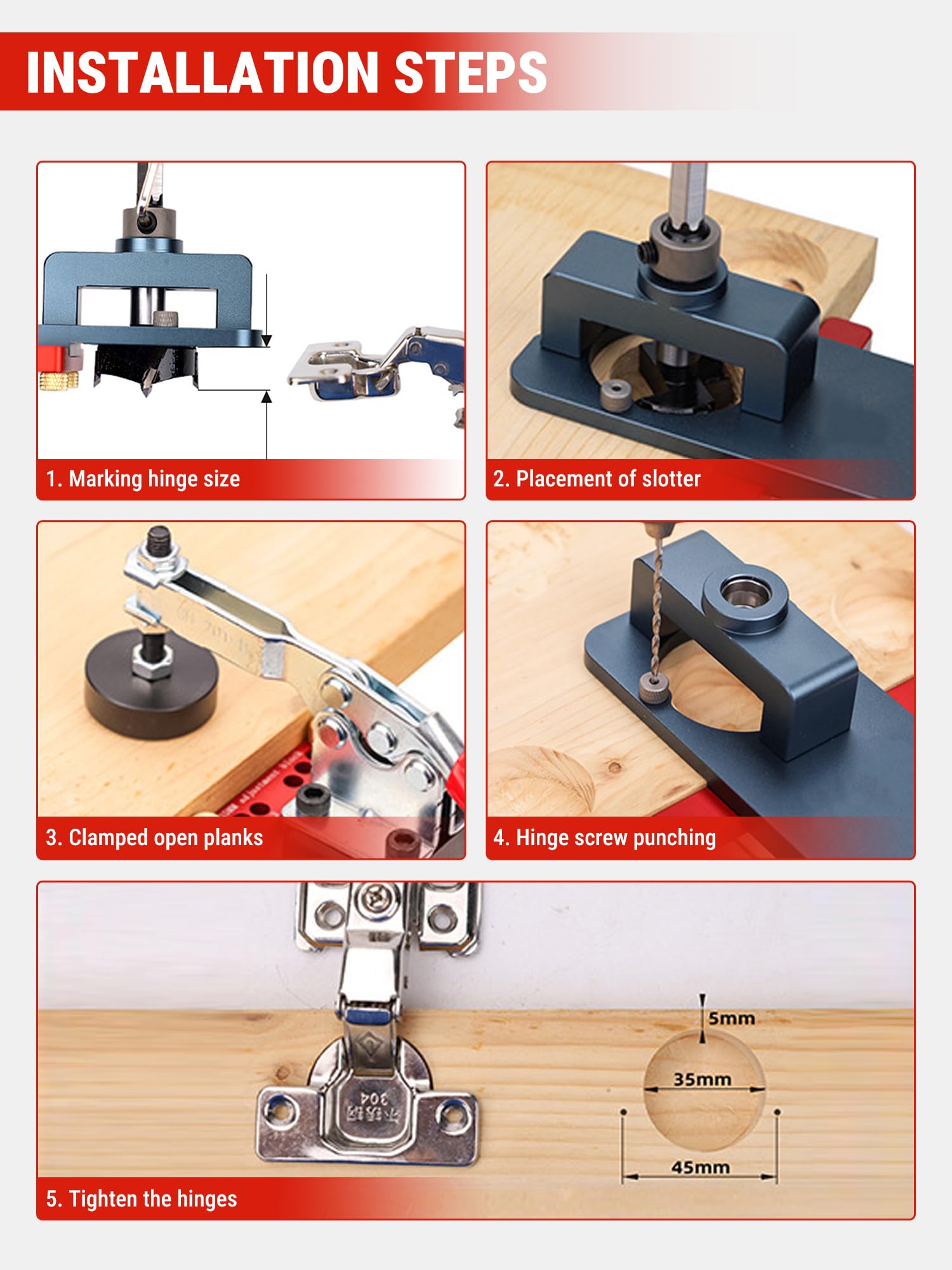 VOBOR 35mm Plantilla para Bisagras de Cazoleta, Jig de Perforación de Abrazadera con Localizador y Broca, para Puertas, Gabinetes, Muebles de Madera, Carpintería y Bricolaje