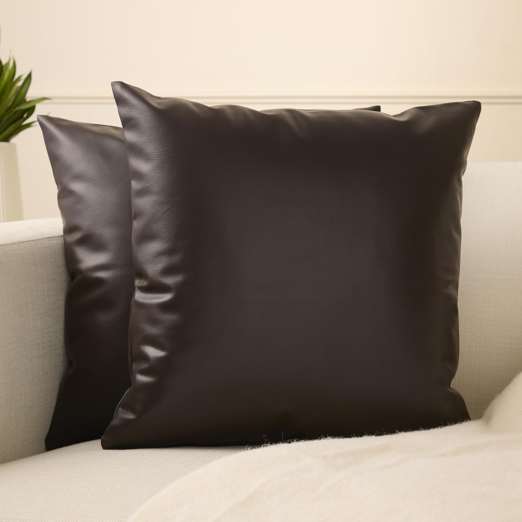 Encasa XO Faux Leather Cushion Covers, No Inserts 16"x16" Dark Brown โ image 1
