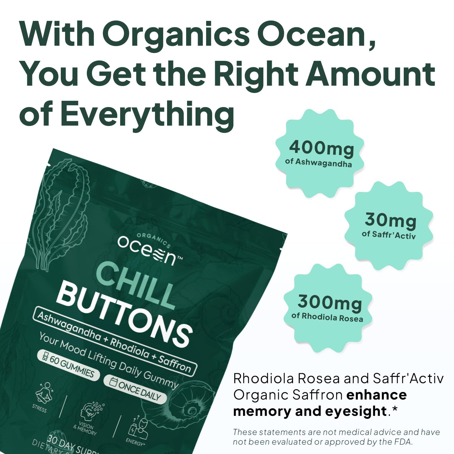 Organics Ocean Chill Buttons, Ashwagandha, Saffron & Rhodiola, 360 Gummies — Amazon image 3