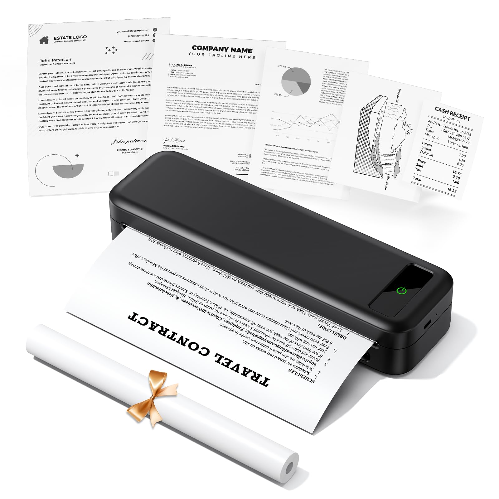 TATTMUSE Impresora Portatil a4, Bluetooth impresoras termica para Papel Térmica Casa Mini Movil Portatil Sin Tinta Wireless Portátiles Printer, Negro Certificado ClimatePartner
