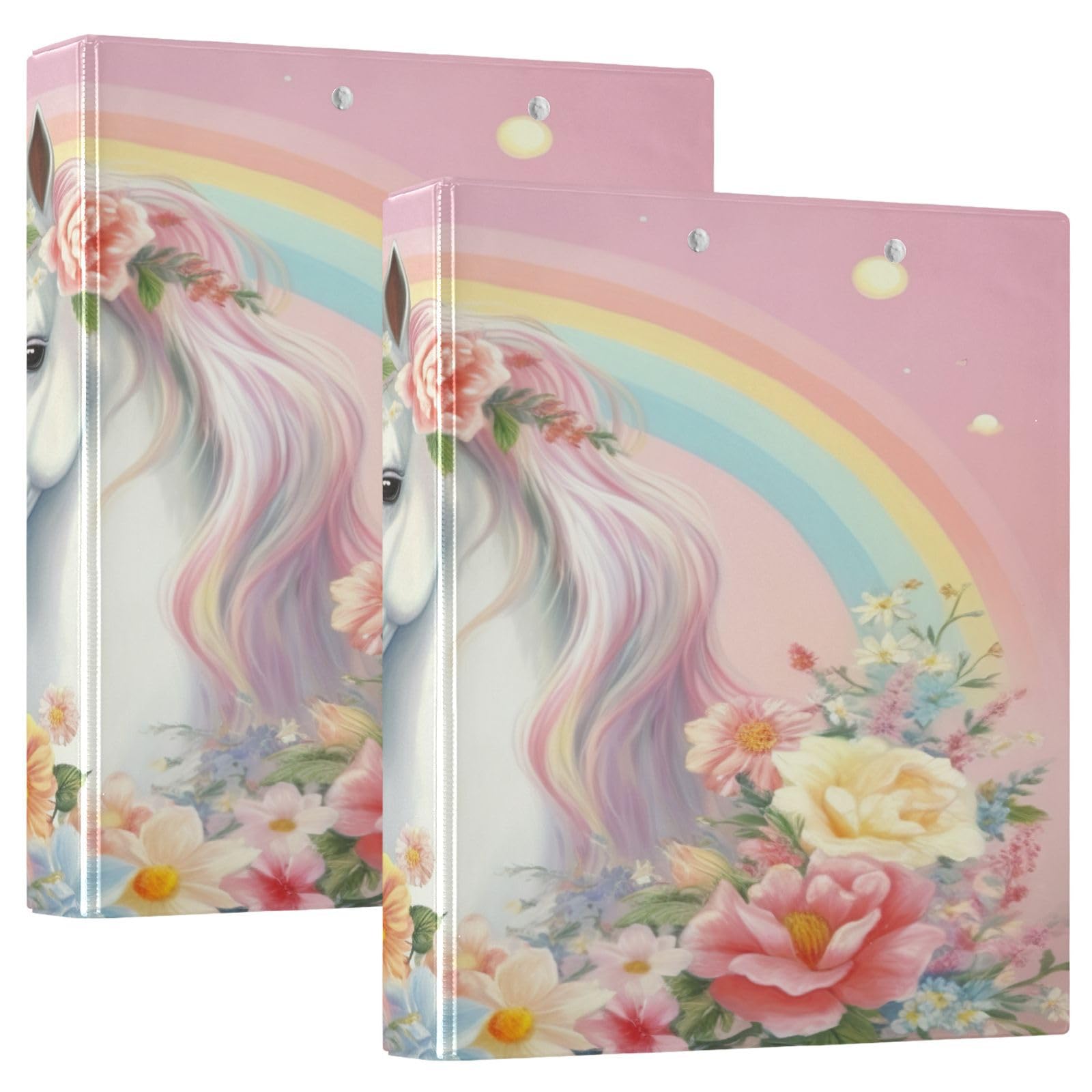 SKYSHU Unicorn - Raccoglitori a 3 anelli rotondi con 3 tasche interne trasparenti in PVC, impermeabili, robusti, con clip in metallo antiscivolo, raccoglitori versatili per 200 fogli, confezione da 2