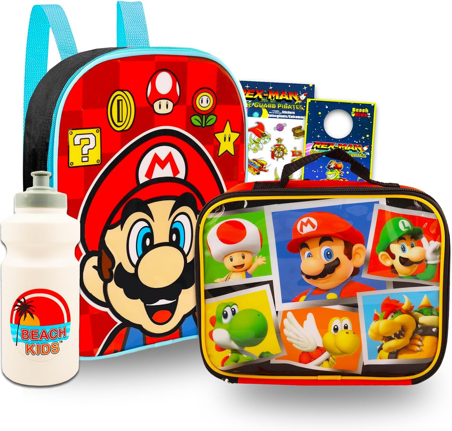 Mario Mini Backpack and Lunch Box Set for Kids - Bundle with 11" Super Mario Mini Backpack, Mario Lunch Bag, Stickers, Water Bottle, More | Super Mario Backpack for Boys 4-6