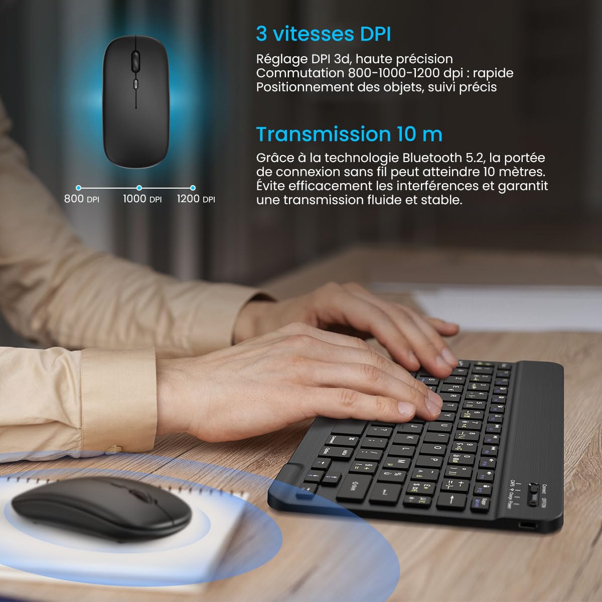 PINKCAT Clavier et Souris sans Fil Bluetooth, Clavier Ergonomique ultrafin avec Batterie Rechargeable Intégrée pour iOS, Mac, iPad, Windows et Systèmes d'exploitation Android 3.0, AZERTY Français
