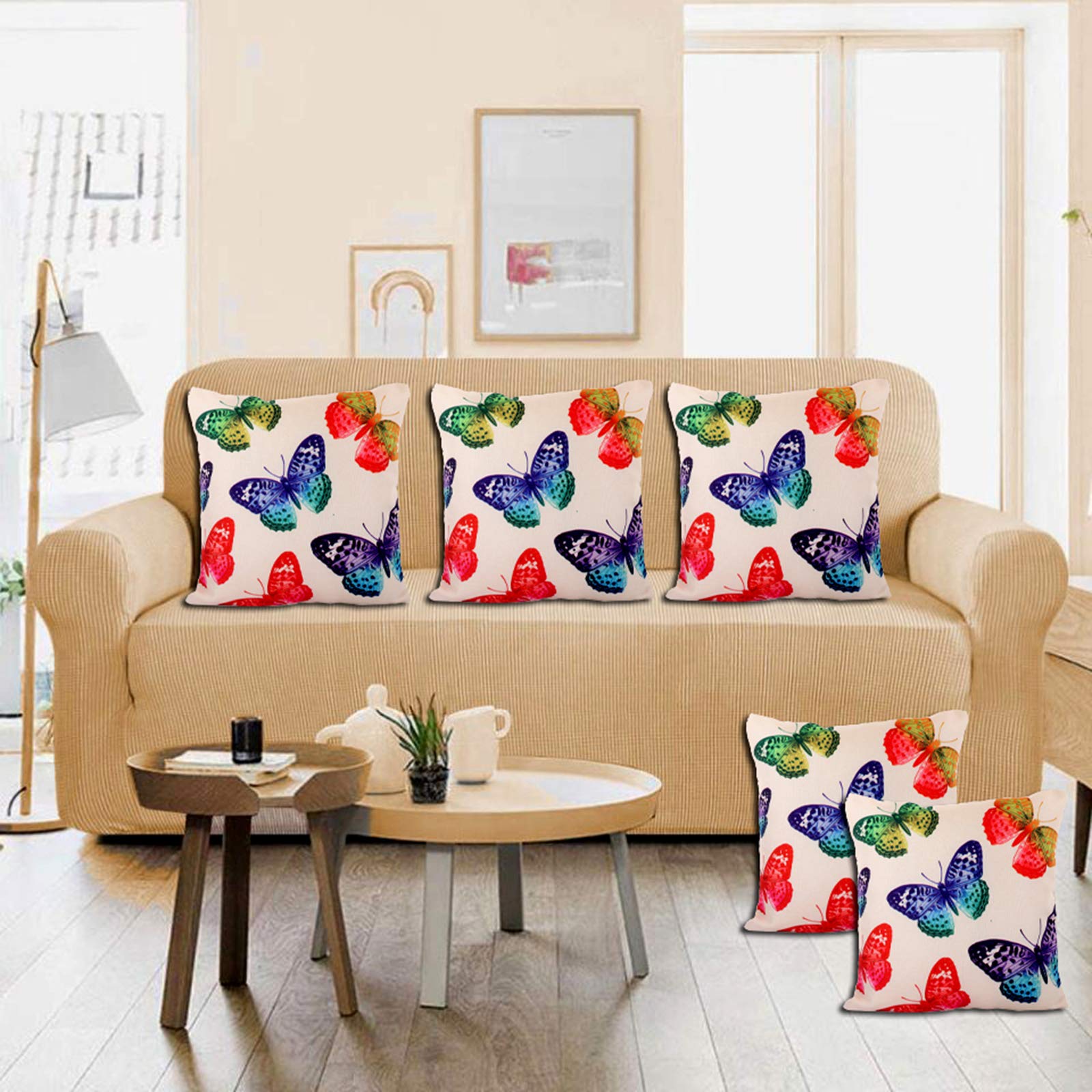 Kuber Industries Butterfly Design 5 Pieces Cotton Cushion Cover - 16"x16"(Cream)