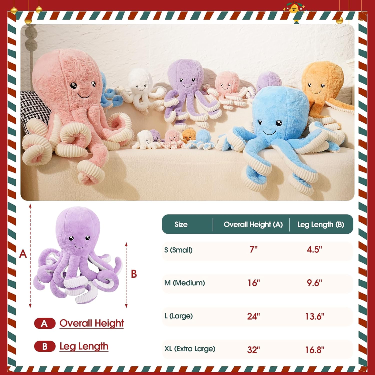 DENTRUN Octopus Stuffed Animals, Giant Octopus Plush Doll Play Toys for Kids Girls Boys Adults Birthday Xmas Halloween Present Stuffed Sea Animals Plushie, 7/16/24/32 Inches, 5 Colors