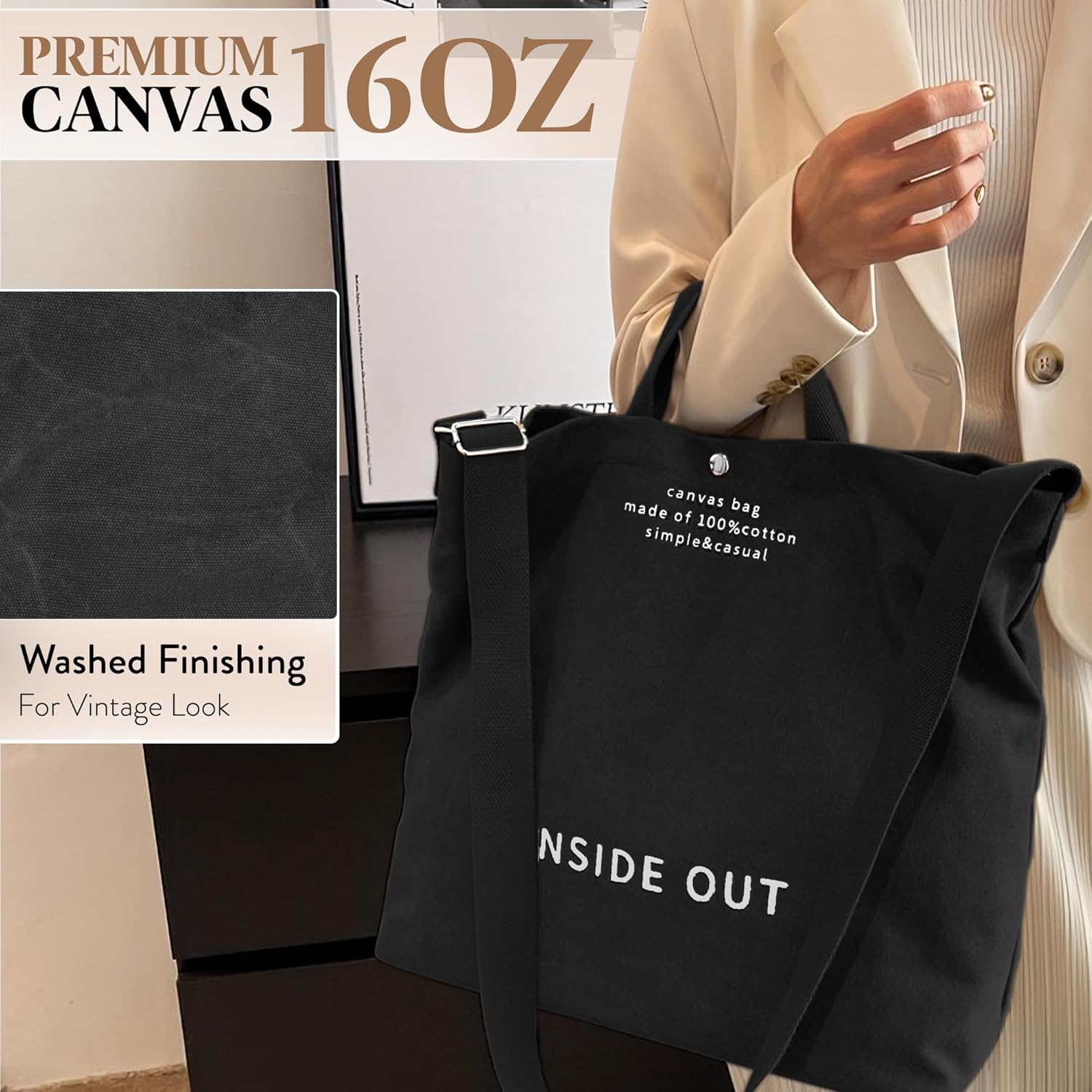 Large Tote Bag for Women, Canvas Bag Women Gift, Fashion Crossbody 16oz Cotton Bag, Large Capacity Shoulder Bag - Image 4