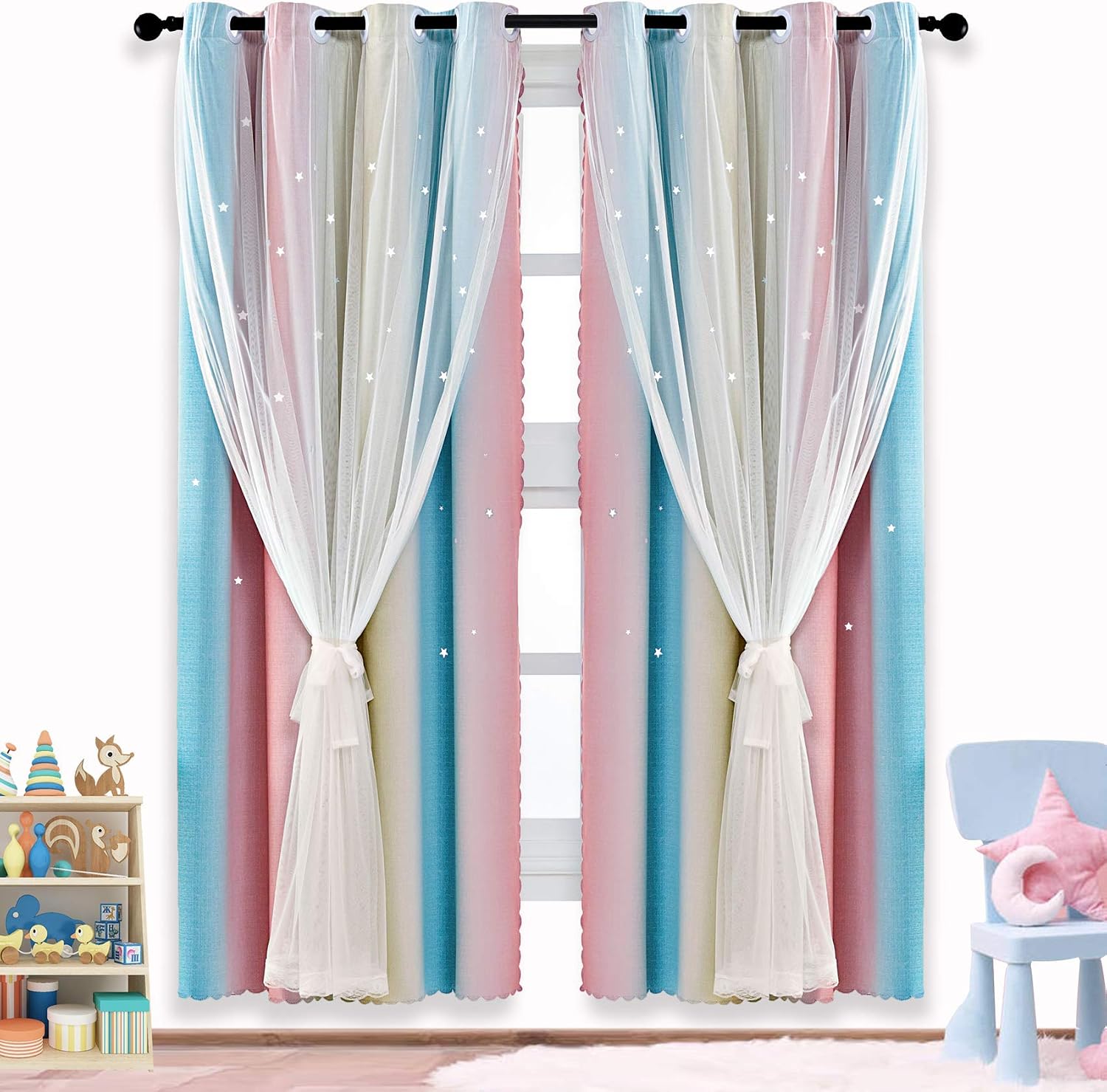 ARTBECK Star Curtains Kids Curtains for Girls Bedroom Living Room Rainbow Ombre Stripe Blackout Curtain Double Layer Star Cut Out Gradient Grommet Window Curtains (1 Pc | 52W x 95L, Stripe Rainbow)
