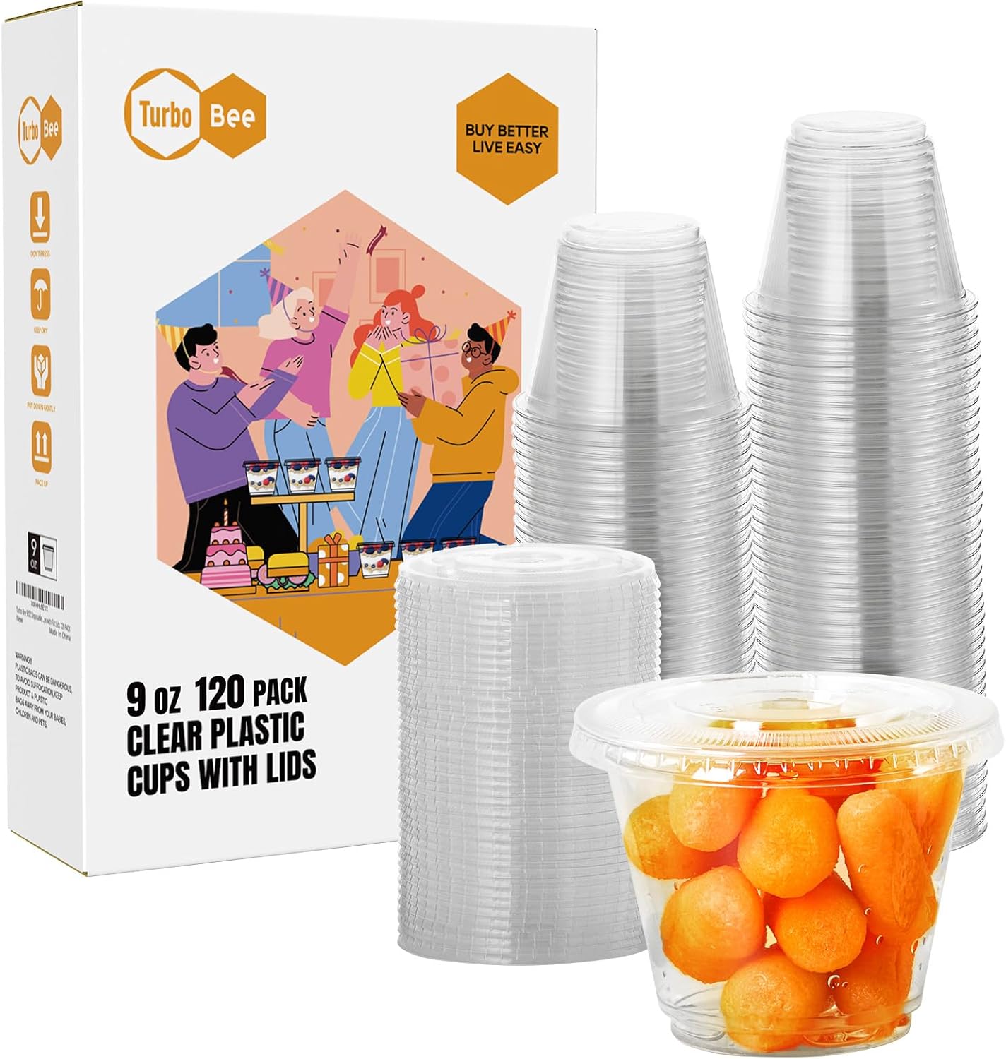 Turbo Bee 120 Pack 9 OZ Clear Plastic Cups with Flat Lids, Disposable Dessert Cups with Lids for Fruit, Snack Smoothie, Pudding and Ice Cream (No Hole) 120 Flat Lids
