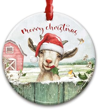 Funny Goat Christmas Ornament 2026 - Cute Farm Animal with Holly Tree Decor, Holiday Keepsake for Goat Lovers, Farmhouse for Family, Friends, Neighbor