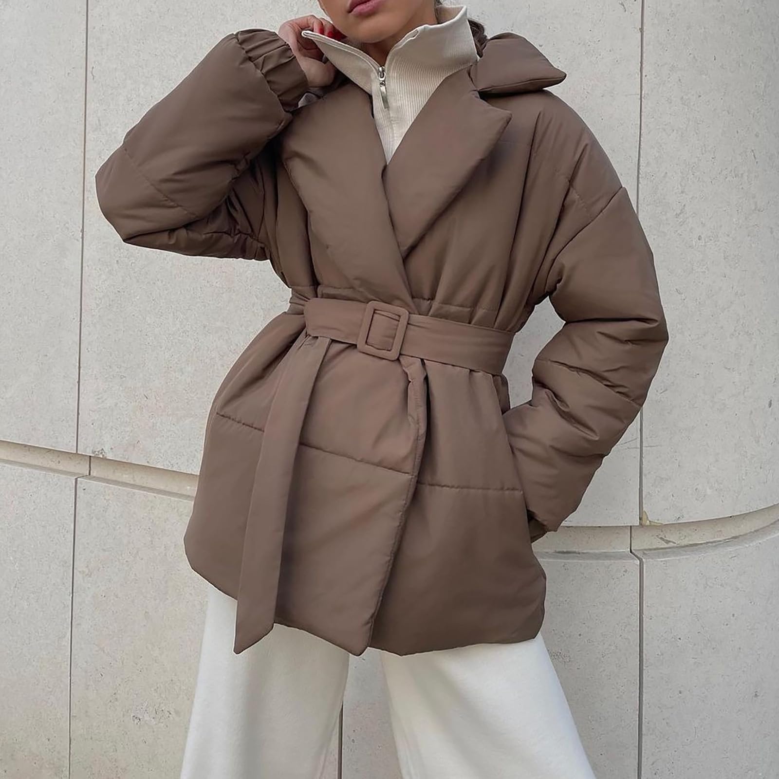 Chaqueta ligera de plumón para mujer, abrigos de invierno para mujer, parka con cinturón, chaqueta acolchada de color sólido, abrigos cálidos de invierno para mujer, abrigos acolchados de manga larga