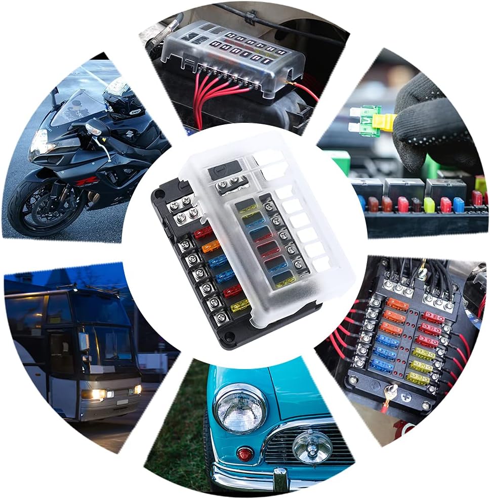VENTOMO 6/12 Way Fuse Block Blade Fuse Box with Negative Bus, with with LED Warning Indicator ATC/ATO Waterproof Fuse Box Holder for 12V/24V Automotive Truck Boat Marine RV Van Vehicle (12 Way) : Automotive