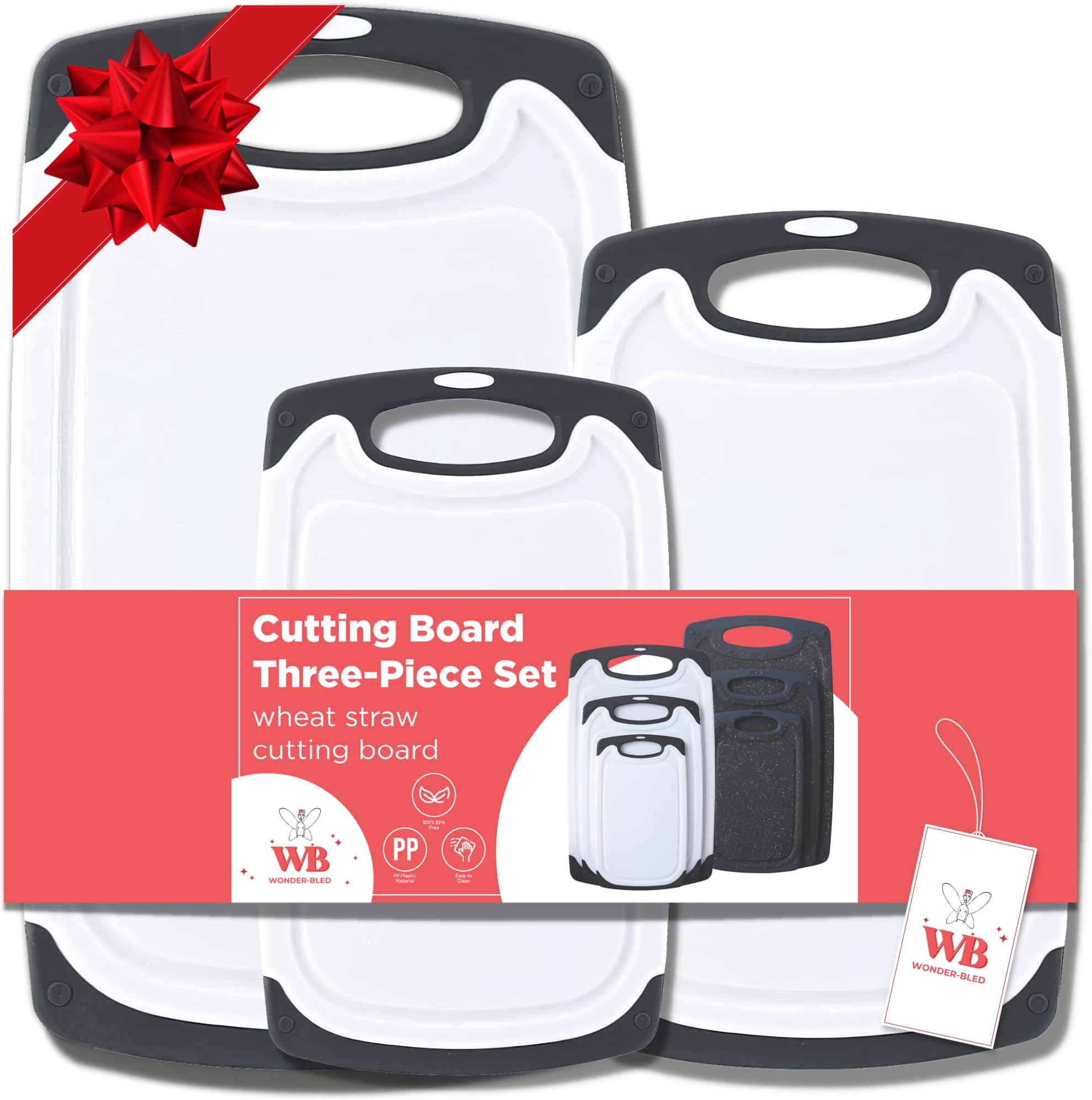 Reversible Cutting Board Set of 3, Plastic Chopping Board for Kitchen, BPA Free Food Safe PP Material, Non-Slip Design with Easy Grip Handle, Juice Grooves, Dishwasher Safe (White)