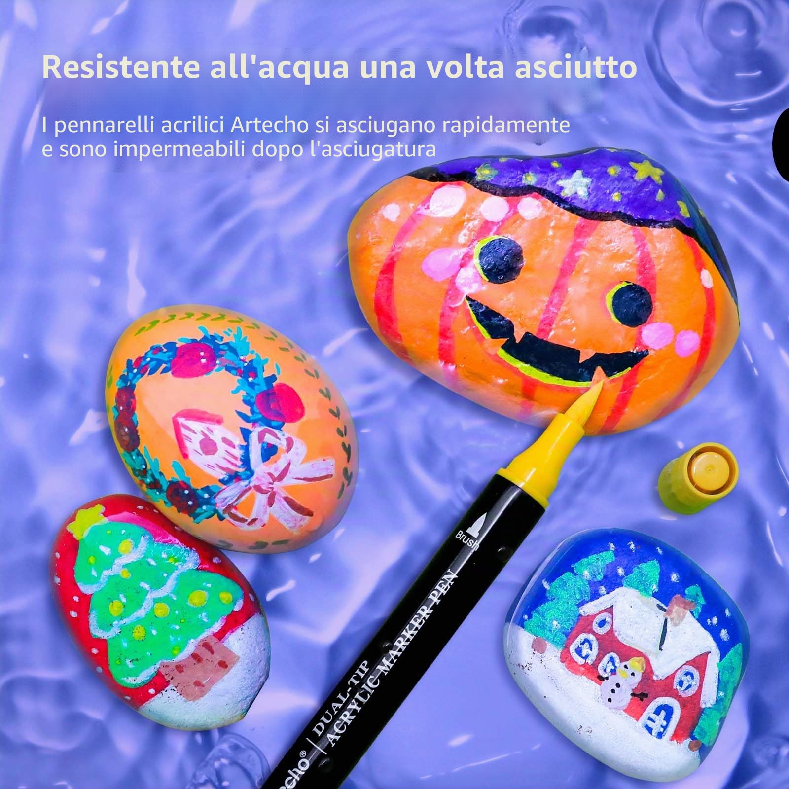 Artecho Pennarelli acrilici in 48 colori con borsa, penne acriliche con punta a pennello e punta fine per pietra, pittura su roccia, carta, zucca, legno, uovo, tela, ceramica, tessuto, pelle, vetro