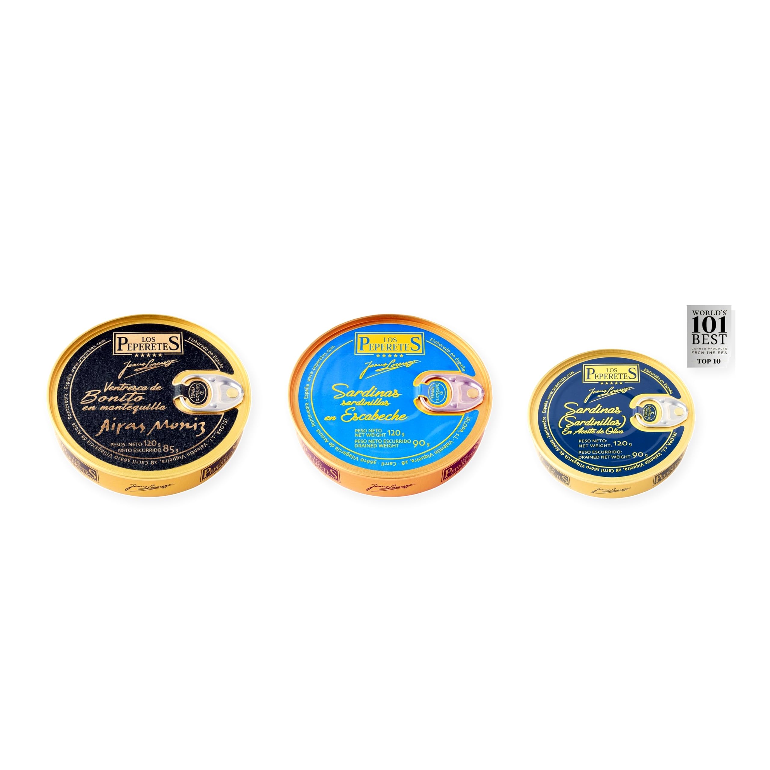 los peperetes conservas Ventresca Bonito Mantequilla, Sardinillas Escabeche y Sardinillas Aceite Oliva pack 3 latas