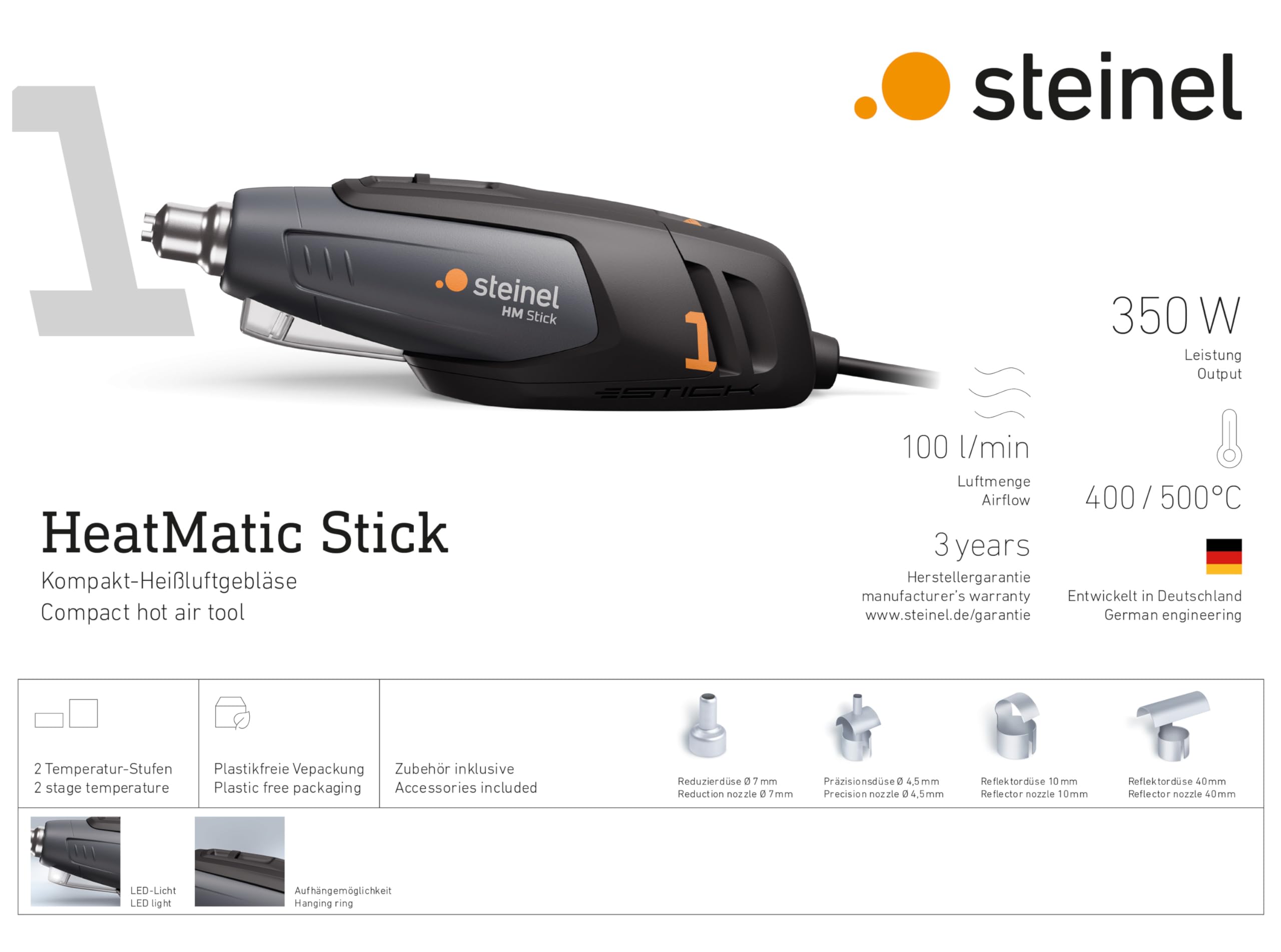 Steinel Mini pistola de aire caliente HM Stick, incluye 4 boquillas, 350 W, 400°-500°C, luz de trabajo LED, pistola de aire caliente para bricolaje y modelismo