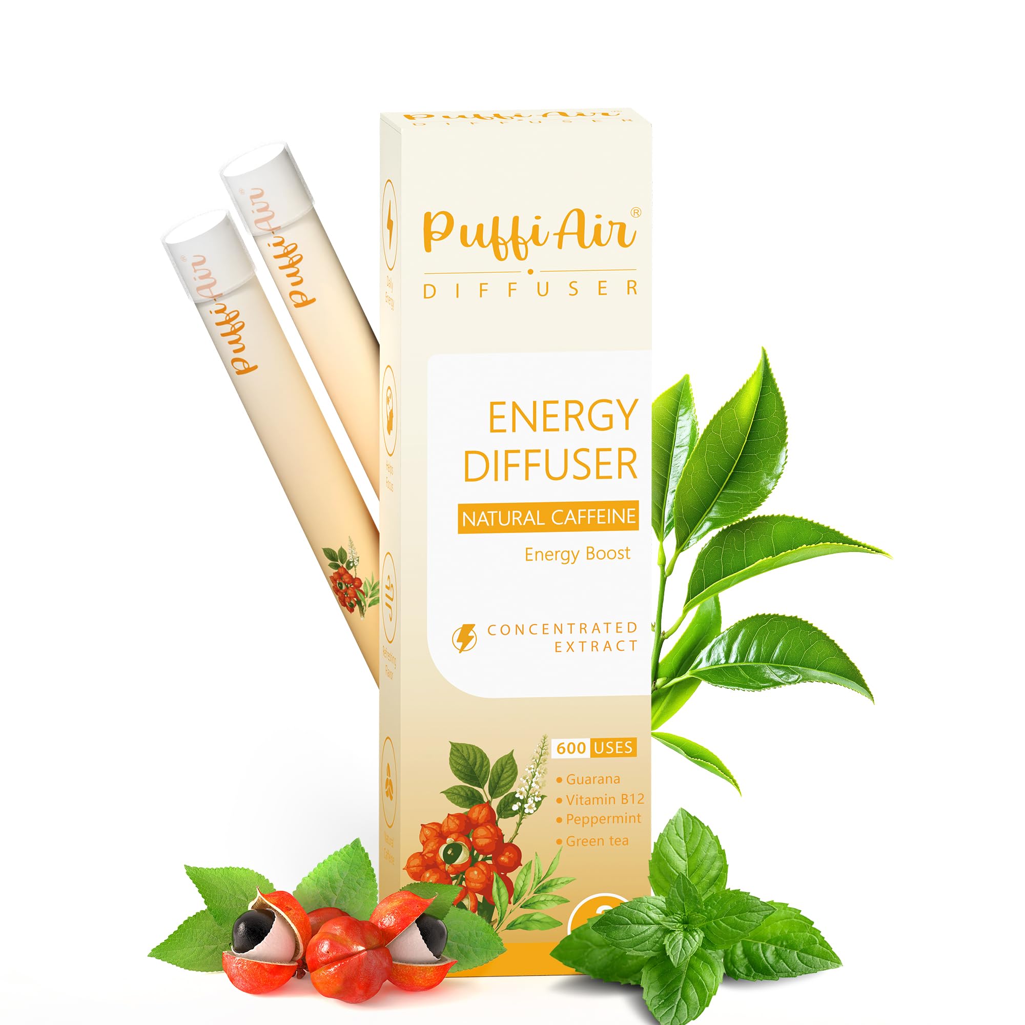 Energy Herbal Diffuser Pen - Caffeine Diffuser for Energy Boost (Guarana, Green Tea, Peppermint & Menthol) - 1200 Applications, 2 Sticks-image-49