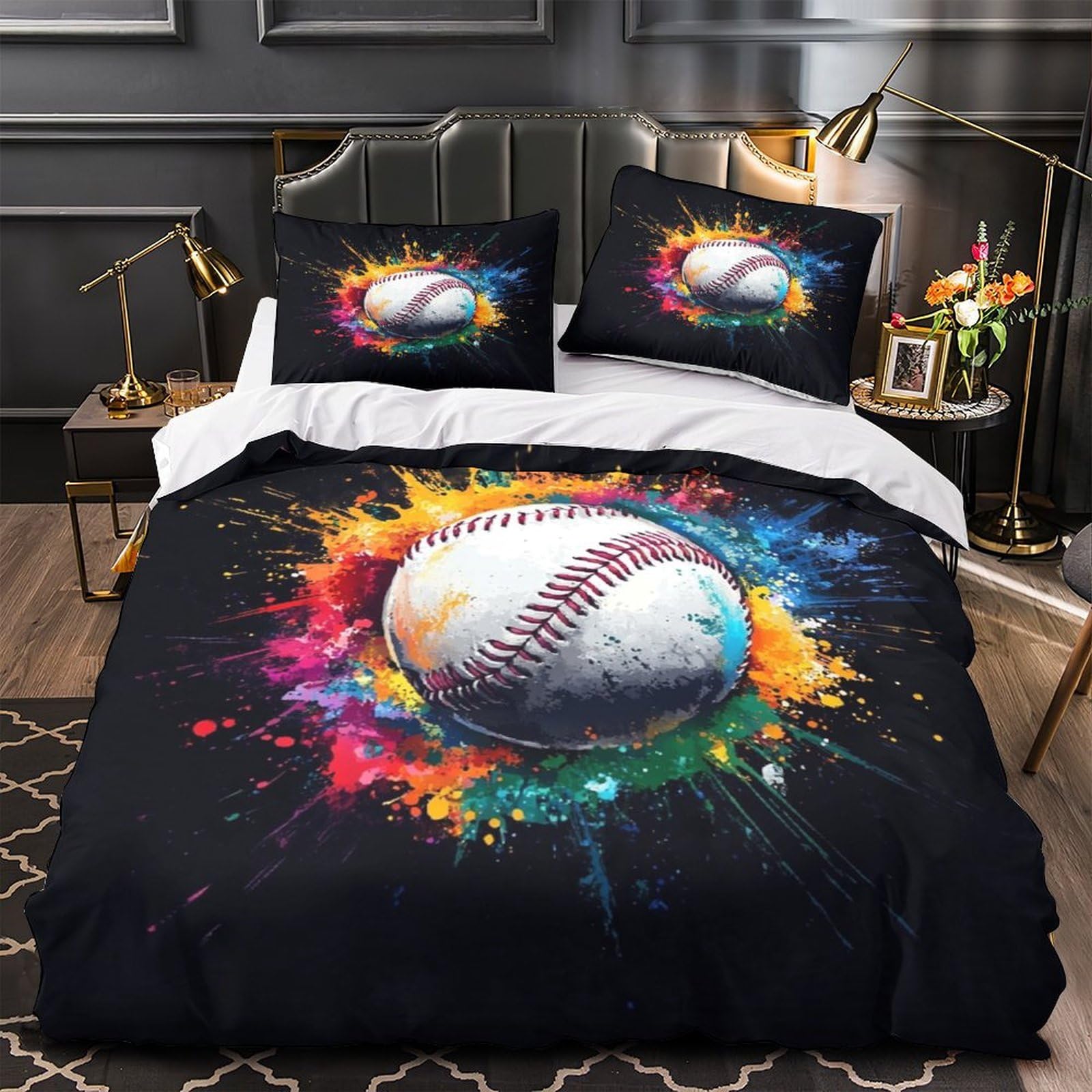 Housse de couette baseball 135x200 microfibre avec taie d'oreiller lit ado