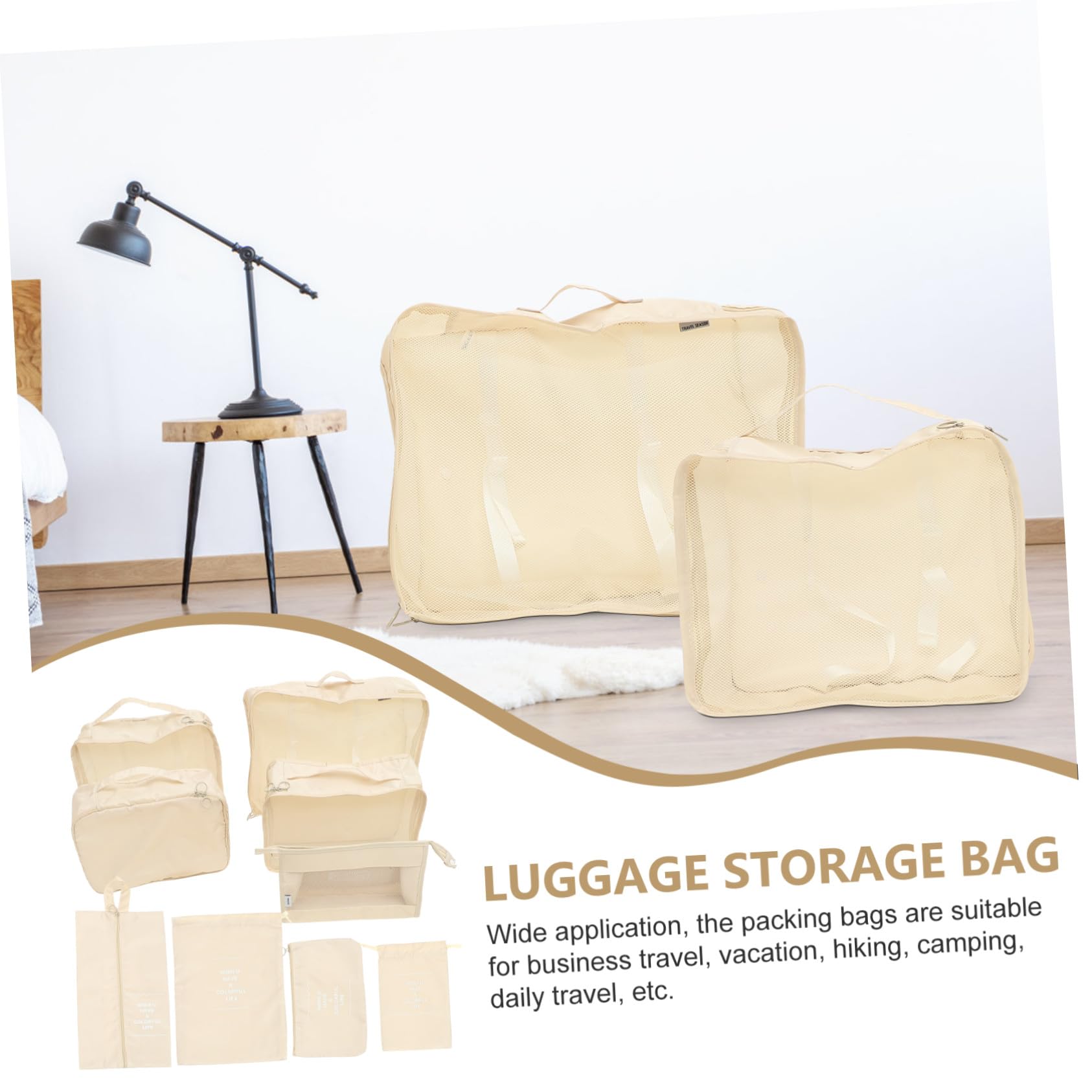 Organisateur de Valise de Voyage 1 Set Polyester Beige | Fermeture à Cordon, Lot de 9 Set de Set de Pièces, Pliable pour Camping et Randonnée, Protège les Objets Précieux