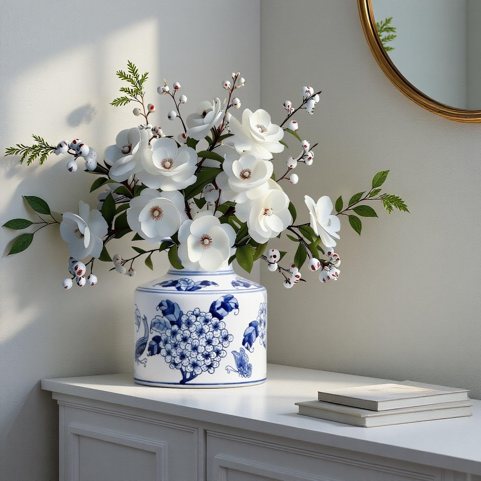 Vintage niebiesko-biały wazon porcelanowy, ręcznie wykonana chińska ceramiczna urna na kwiaty do wiejskiego wystroju Boho, dekoracyjny wazon do półki w przedpokoju stolik kawowy,B