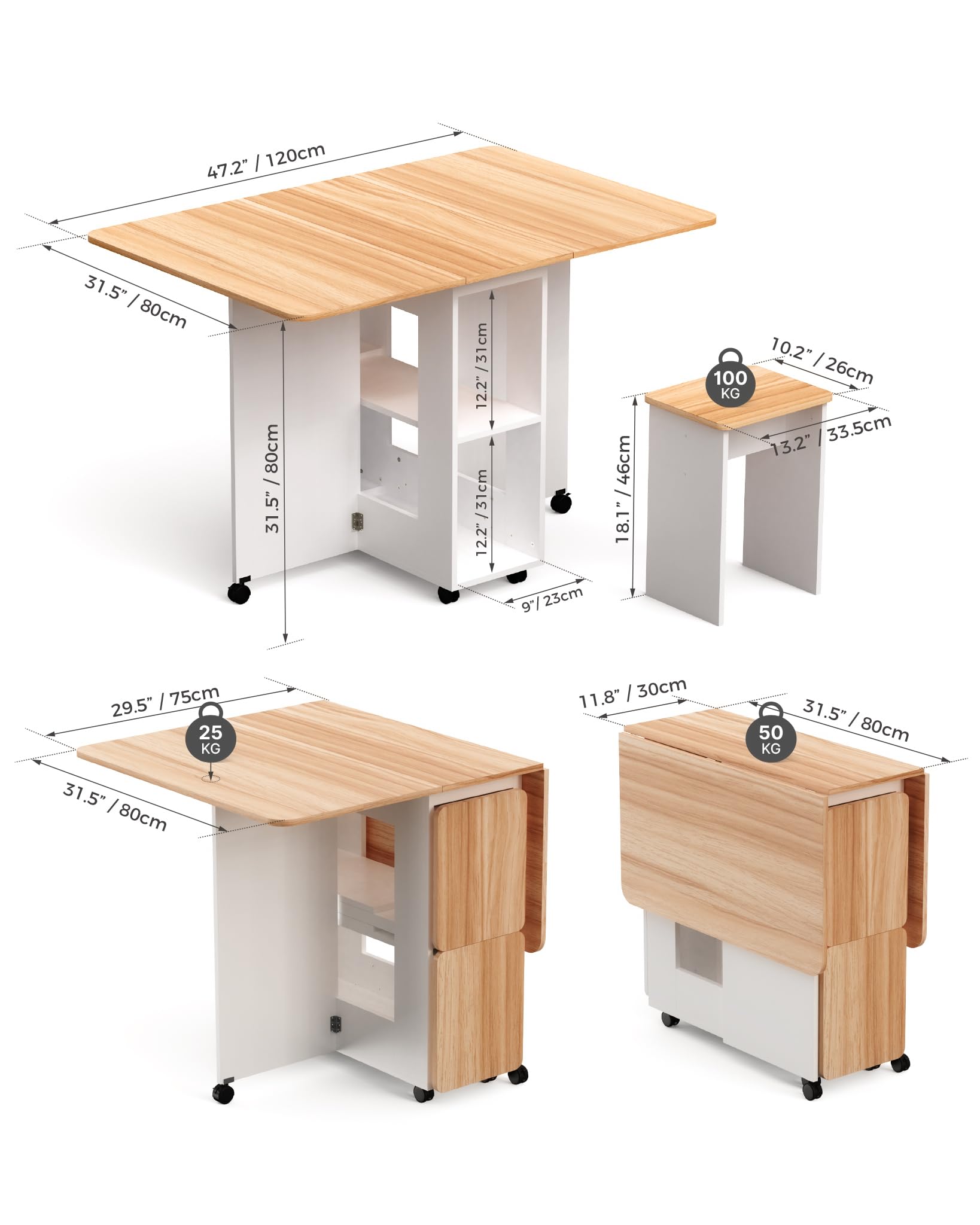 Mondeer Folding Dining Table and Chairs Set 4, Drop Leaf Table for Small Spaces with 4 Chairs, Foldable Table with Storage Shelf, for Kitchen Dining Room (Red Oak and White) — view 2