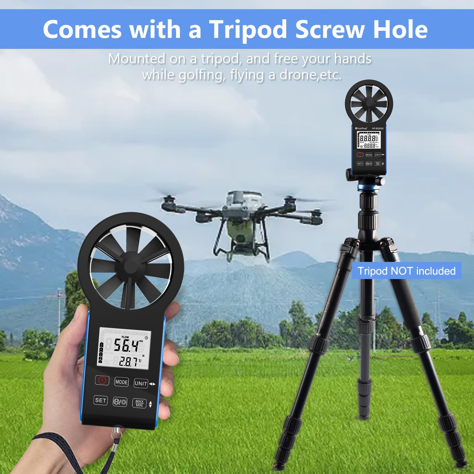 Anémomètre Numérique, Anémomètre Rechargeable, VMC Anémomètre Mesurer la Vitesse du Vent/Température écran LCD Rétroéclairé, Anémomètre Portatif pour Extérieur pour kitesurfing HVAC drone