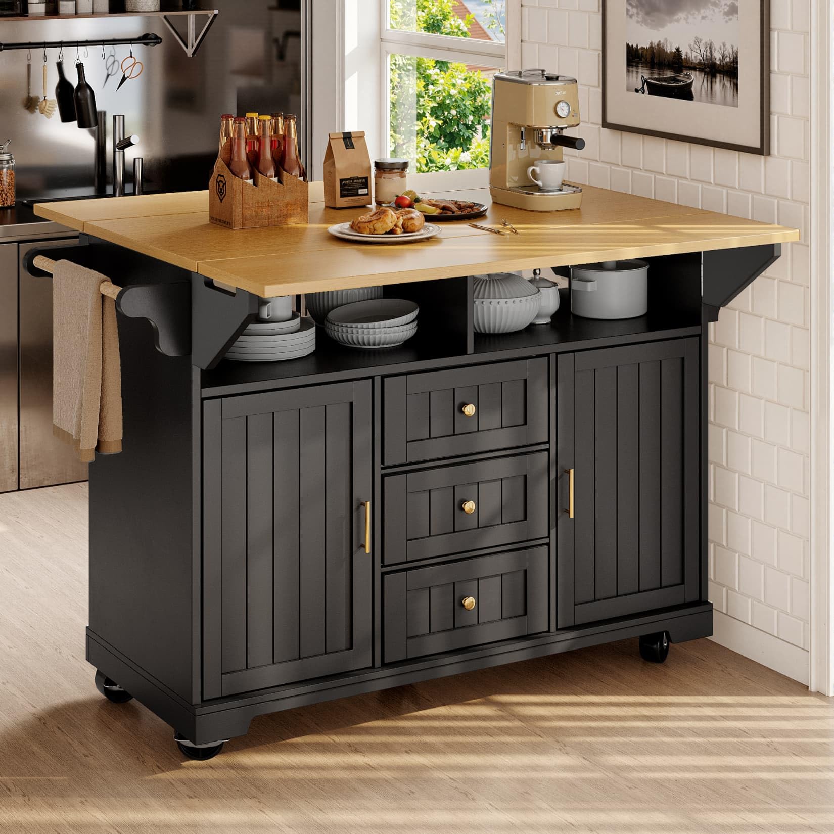 Desserte ilôt de Cuisine avec roulettes,Buffet Cuisine de Rangement avec Plateau de Table Pliable,Chariot de Repas,Buffet Mobile,3 Tiroirs et 2 Portes,142.5x40-80x95cm (Noir-E)