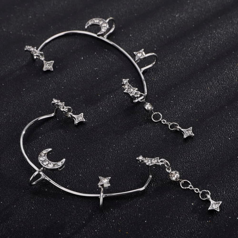 Missgrace Fashion Elf Ear Star Moon Earring Cuffs Rhinestones Earrings Elf Cosplay Cuffs Wrap Earrings for Fairy Ears Costume Cosplay Wedding Earrings Jewelry for Women 1 Pair