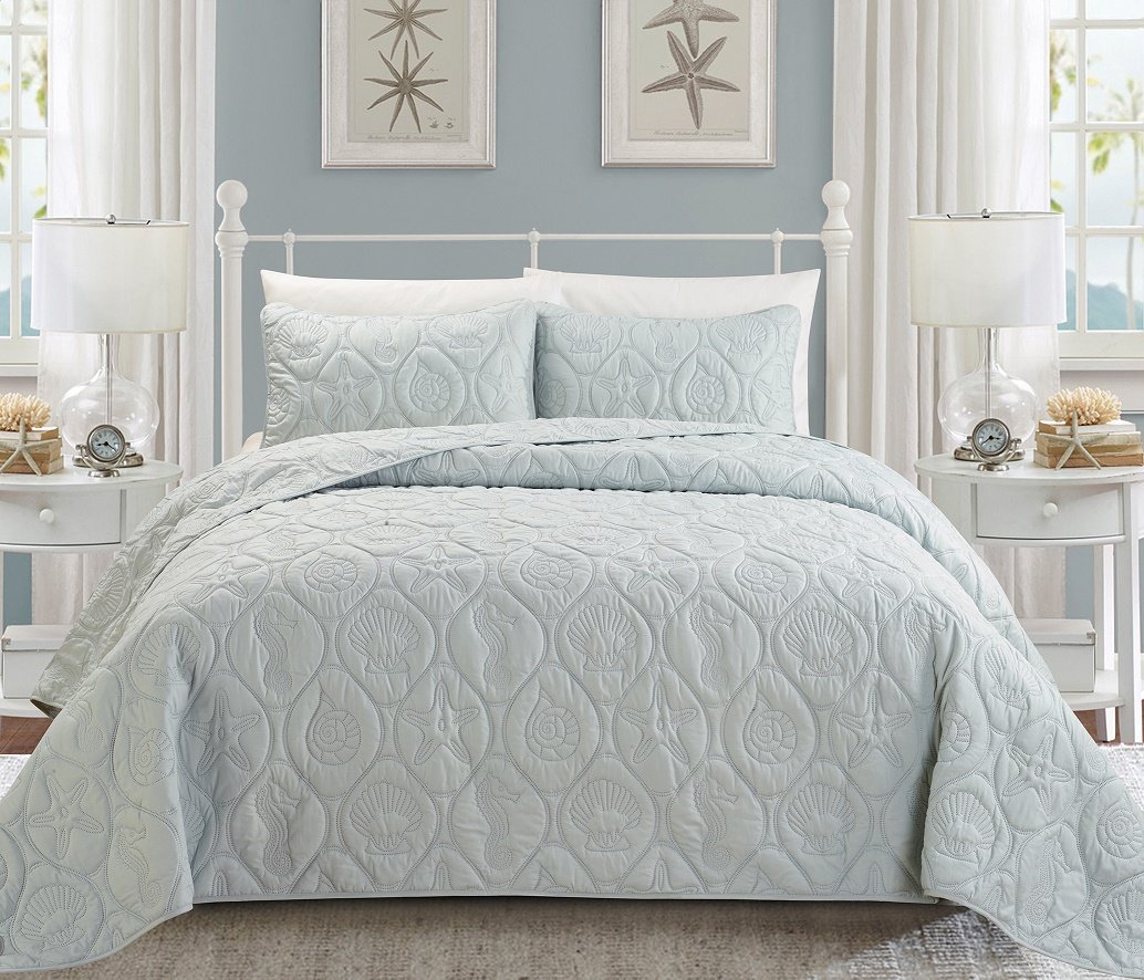 3-Piece Beach Theme King Size Bedspread Silver Grey Coverlet Embossed Bed Cover Set. Sea Shells, Sea Horse, Starfish etc.