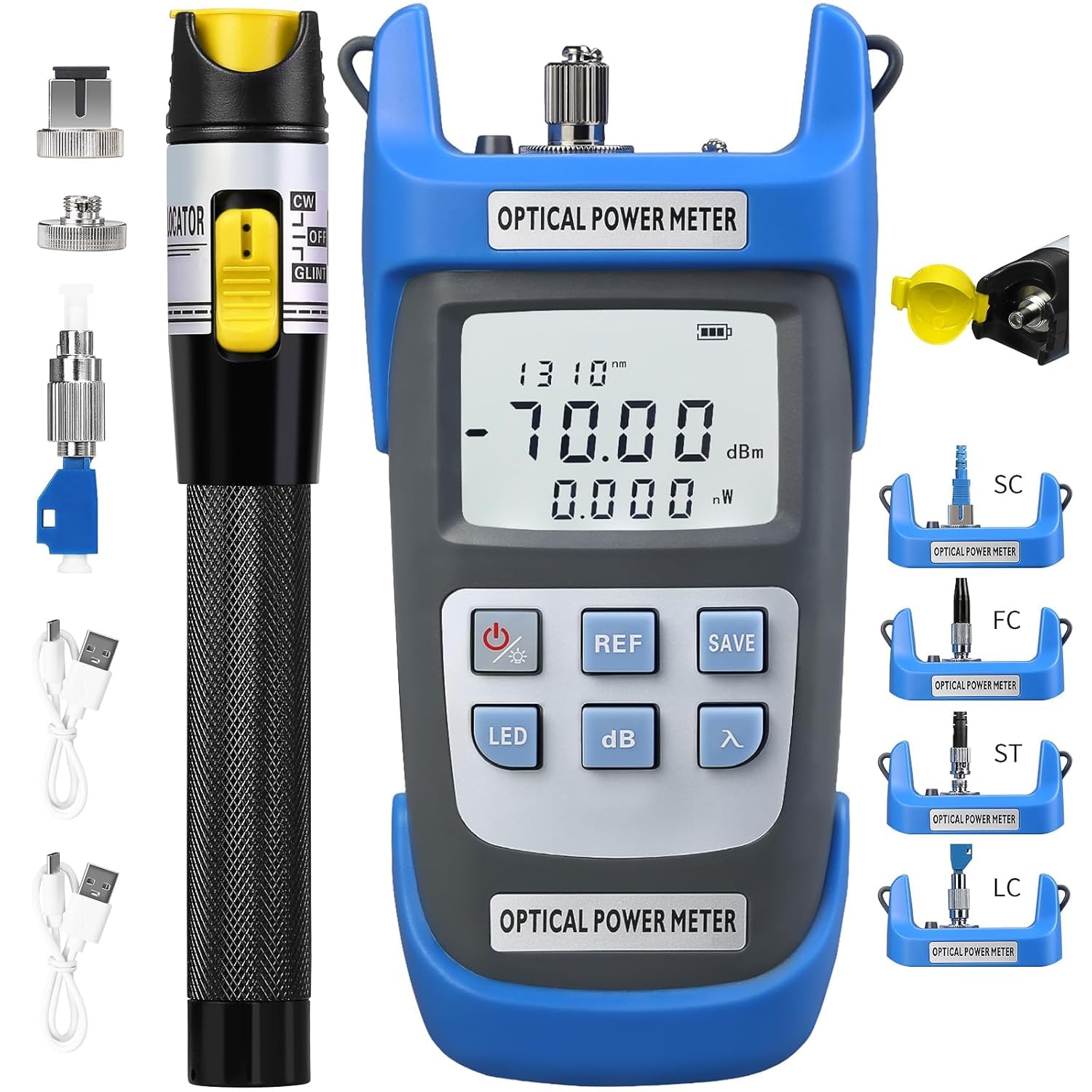 2-Piece Rechargeable high-Precision Optical Power Meter A-C710A (-70~+10dBm) Fiber Tester & Fiber Optic Test Pen 15,Suitable for SC/FC/ST/LC Interface