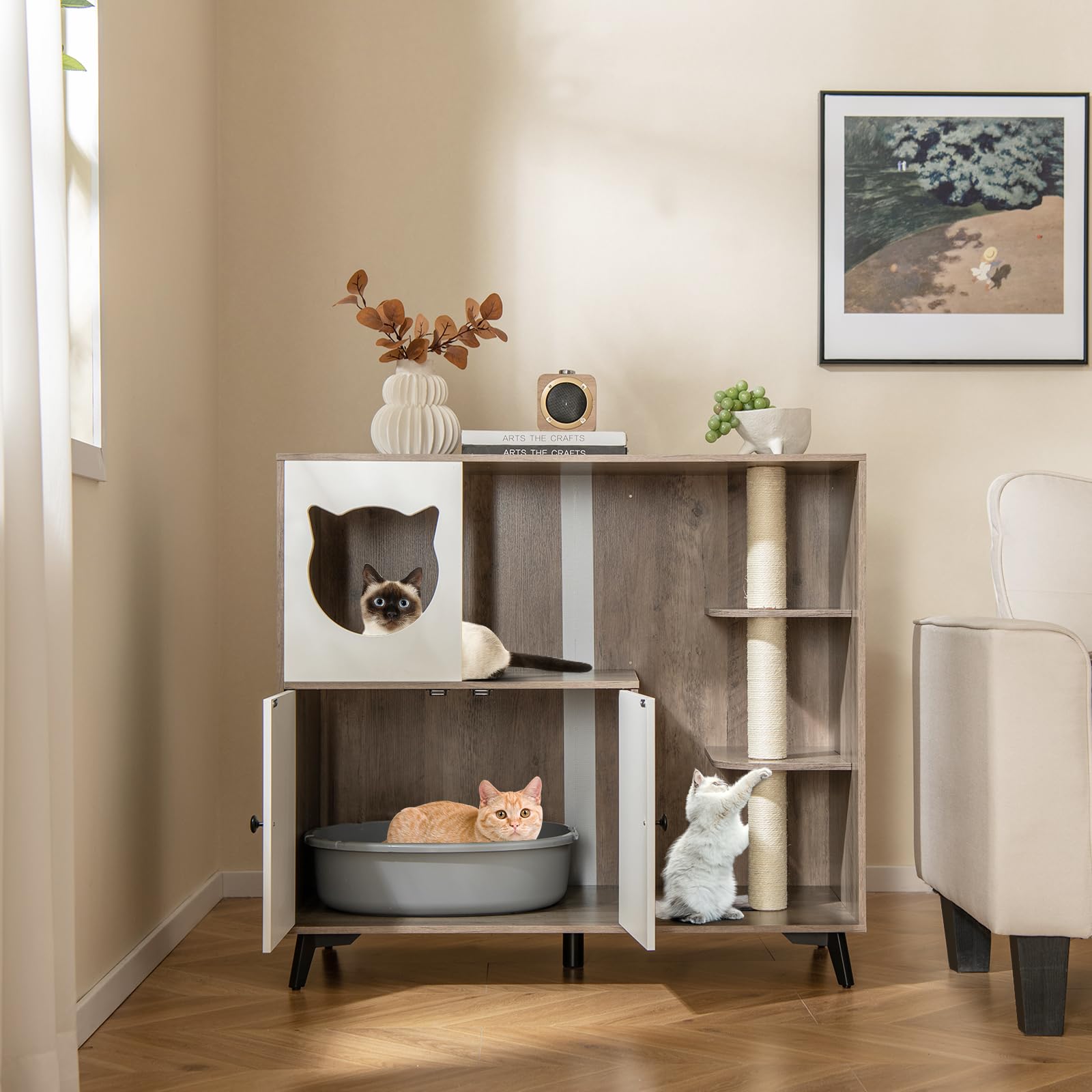 GYMAX Meuble Cache-Bac à Litière pour Chat, 3 Griffoirs à Gratter, Plateformes de Sauts, Condo pour Chat, Maison pour Chats d'Intérieur 2 Niveaux