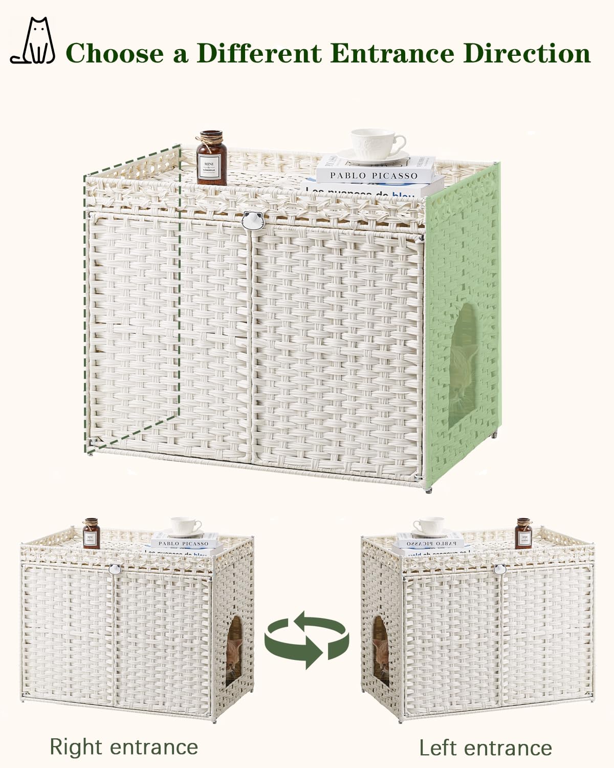 Cat Litter Box Enclosure Furniture, Handwoven Rattan Hidden Litter Box with Mat, Large Space Cat House with 2 S-Shaped Hooks 30.3 x 18.3 x 24.4 Inches, Indoor for Living Room Apartment White - image 6