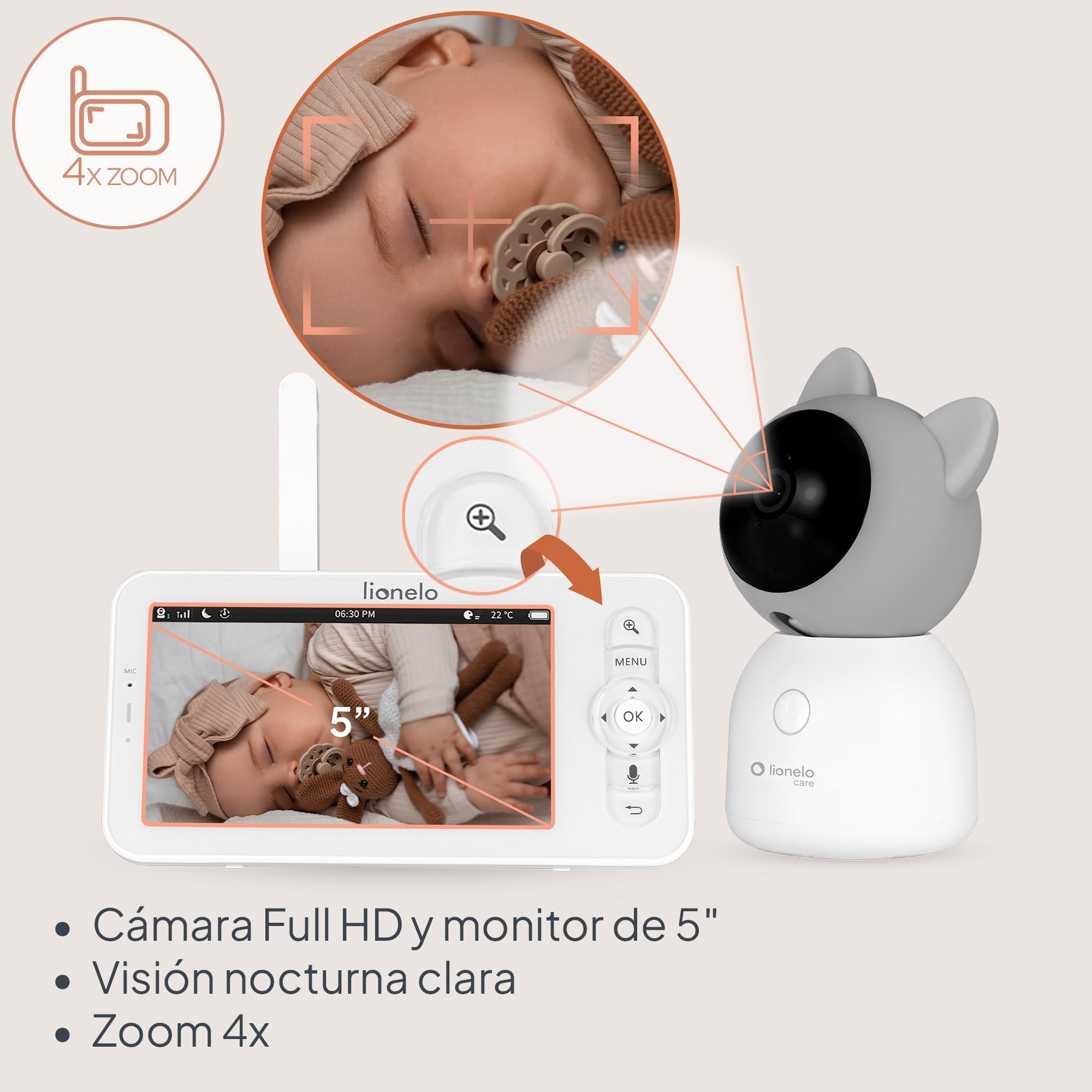 Lionelo Babyline 9.2 AI - Vigilabebés con cámara 2K y Monitor de 5 Pulgadas, WiFi de Doble Banda, detección de IA de vinos y Sombrero, Seguimiento de Movimiento, Sensor de Temperatura y Humedad