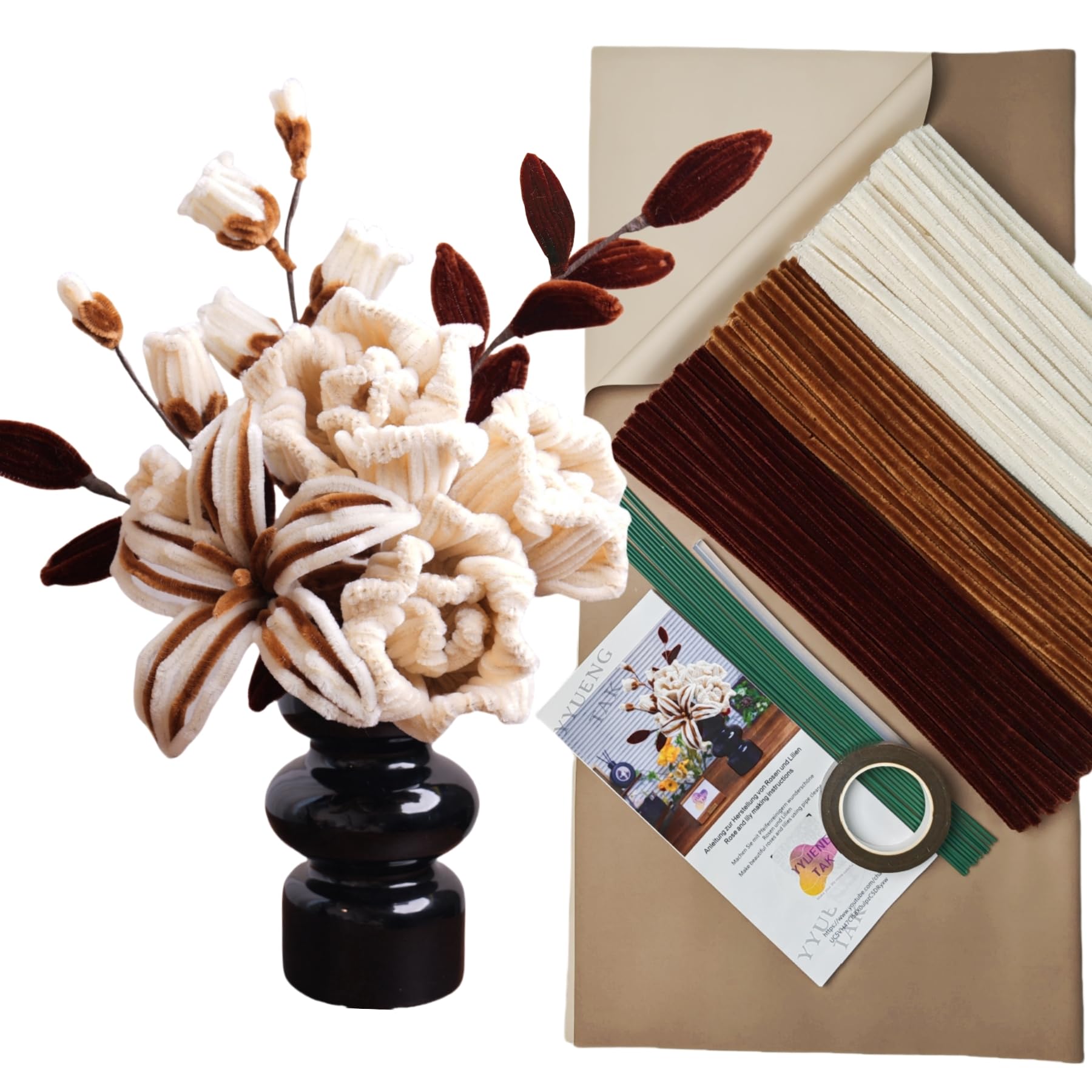 YYUENGTAK 200 pcs Pipe Cleaner Flowers Craft kit for DIY Maillard Style Bouquet(Dark Brown, Light Brown and Beige), with Rose and Lily Tutorial,