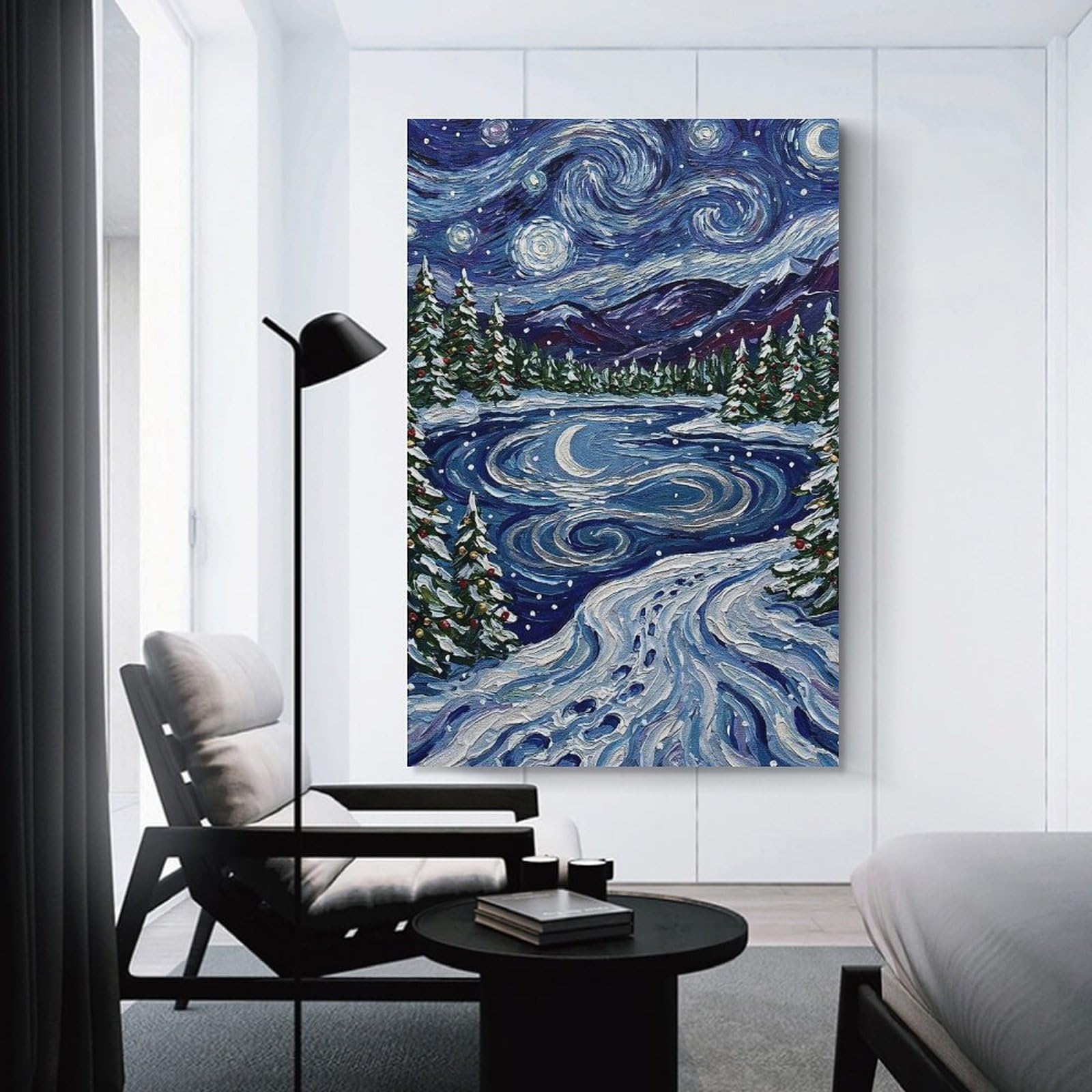 Junmoney Home Decor Wall Art Starry Winter Night Painting, 24x36inch(60x90cm), for Flats, Guest Rooms Or Compact Rooms, Wall Decor with Flexible Room Appeal