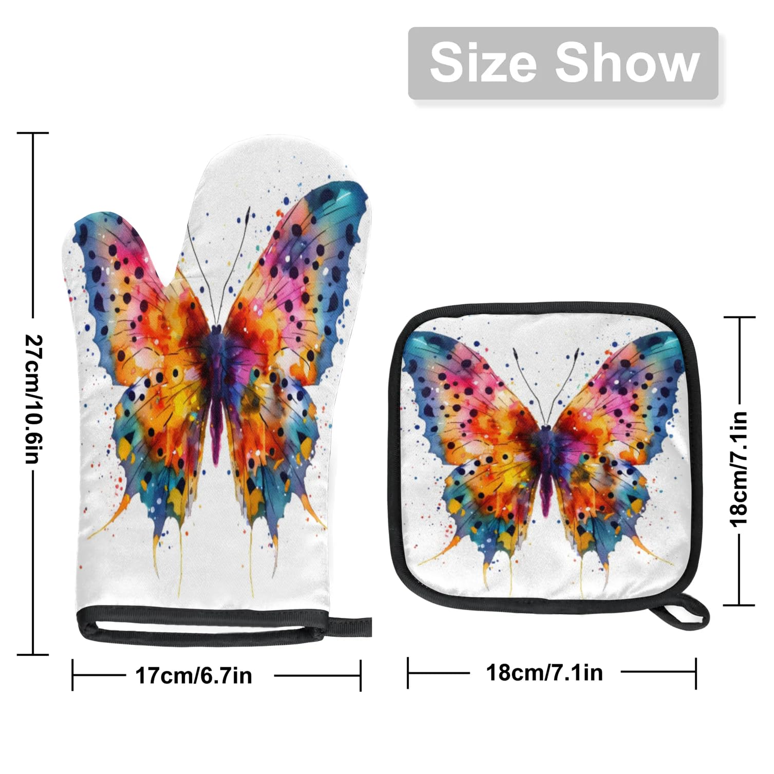 Watercolor Butterfly Polka Dot Oven Mitts Kitchen Oven Gloves for Cooking Baking Heat Proof Lining Cotton Kitchen Potholder Mittens Pot Holders Hot Pads for Chef Women Men