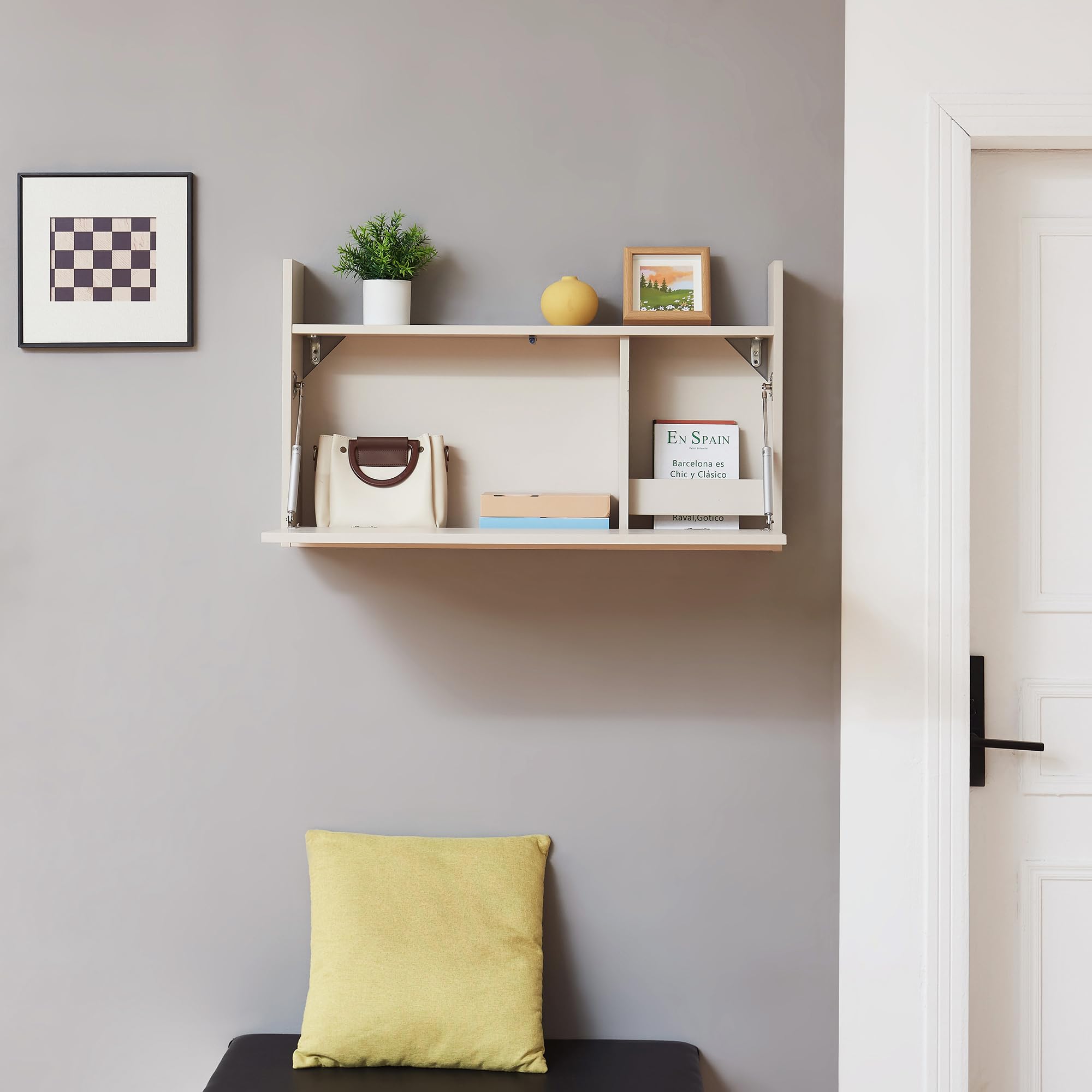 [en.casa] Bureau Mural Rabattable pour Ordinateur Portable Table Pliante avec Espace de Rangement Coiffeuse Panneau de Particules 48 x 83 x 48 cm Beige