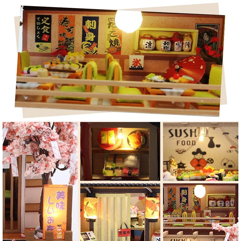 Kit fai da te in miniatura per casa delle bambole con scatola antipolvere e carillon, negozio di sushi giapponese, mobili per casa delle bambole 3D in legno, puzzle creativo, regalo di compleanno per