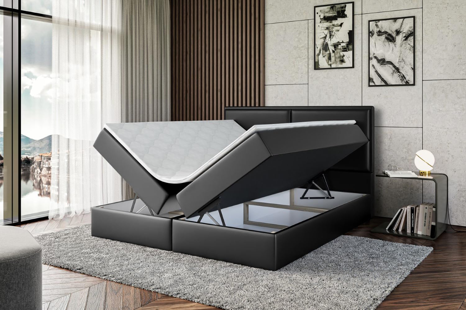 ALTDECOR Boxspringbett mit H3-Matratze Aura - 180x200 - Schwarz | Lattenrost, Topper, Boxspringbett mit Bettkasten, Bett mit Stauraum, Doppelbett, Polsterbett