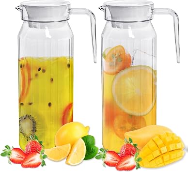 2 Pack Water Jug with Lid, 1.1L Plastic Jug with Lid & Handle, Pitcher Can for Fridge,Transparent Striped Juice Bottle,Reusable Water Pitcher for Water Juice Milk Iced Tea