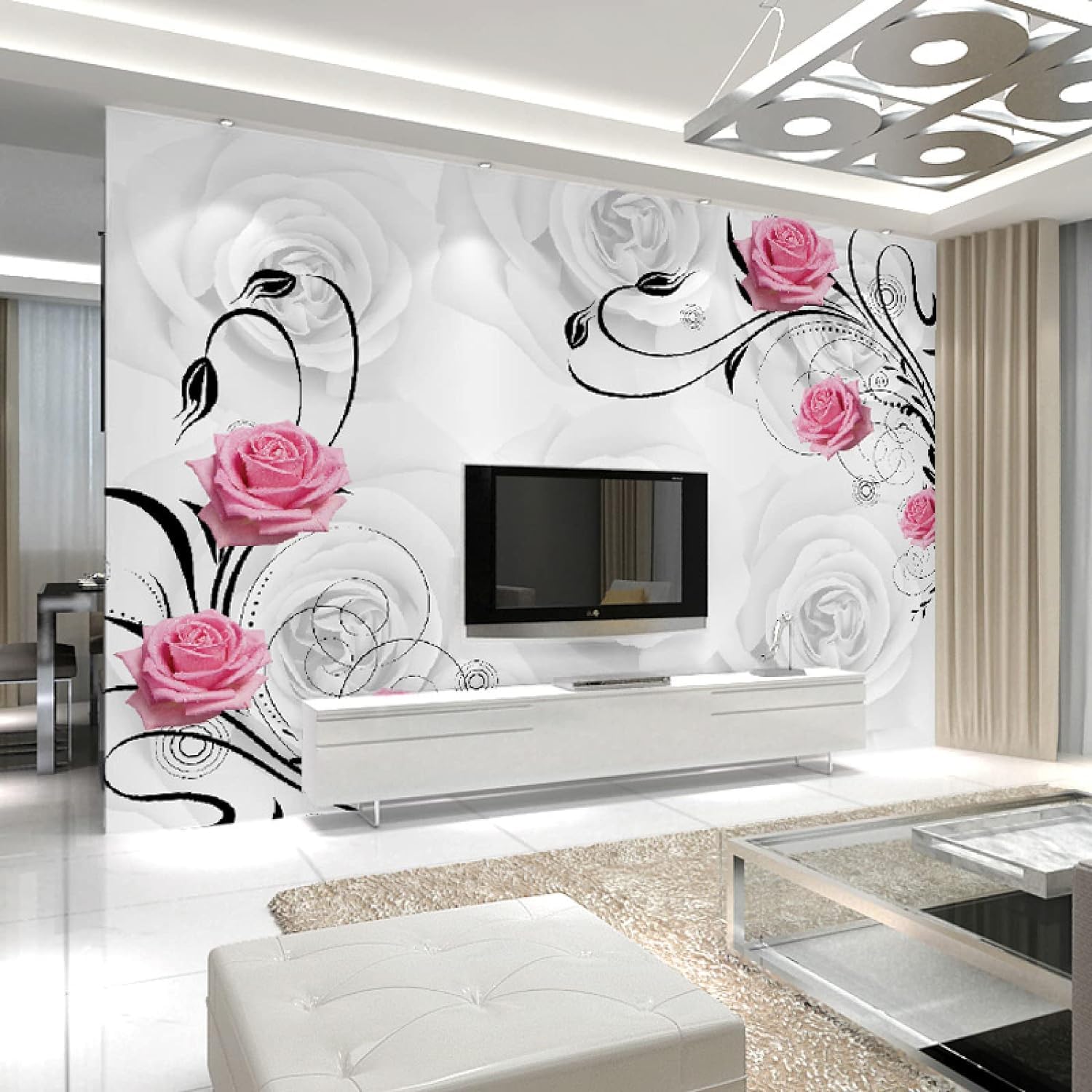 Papier peint auto-adhésif fleur rose 3D pour rénover un mur sans colle
