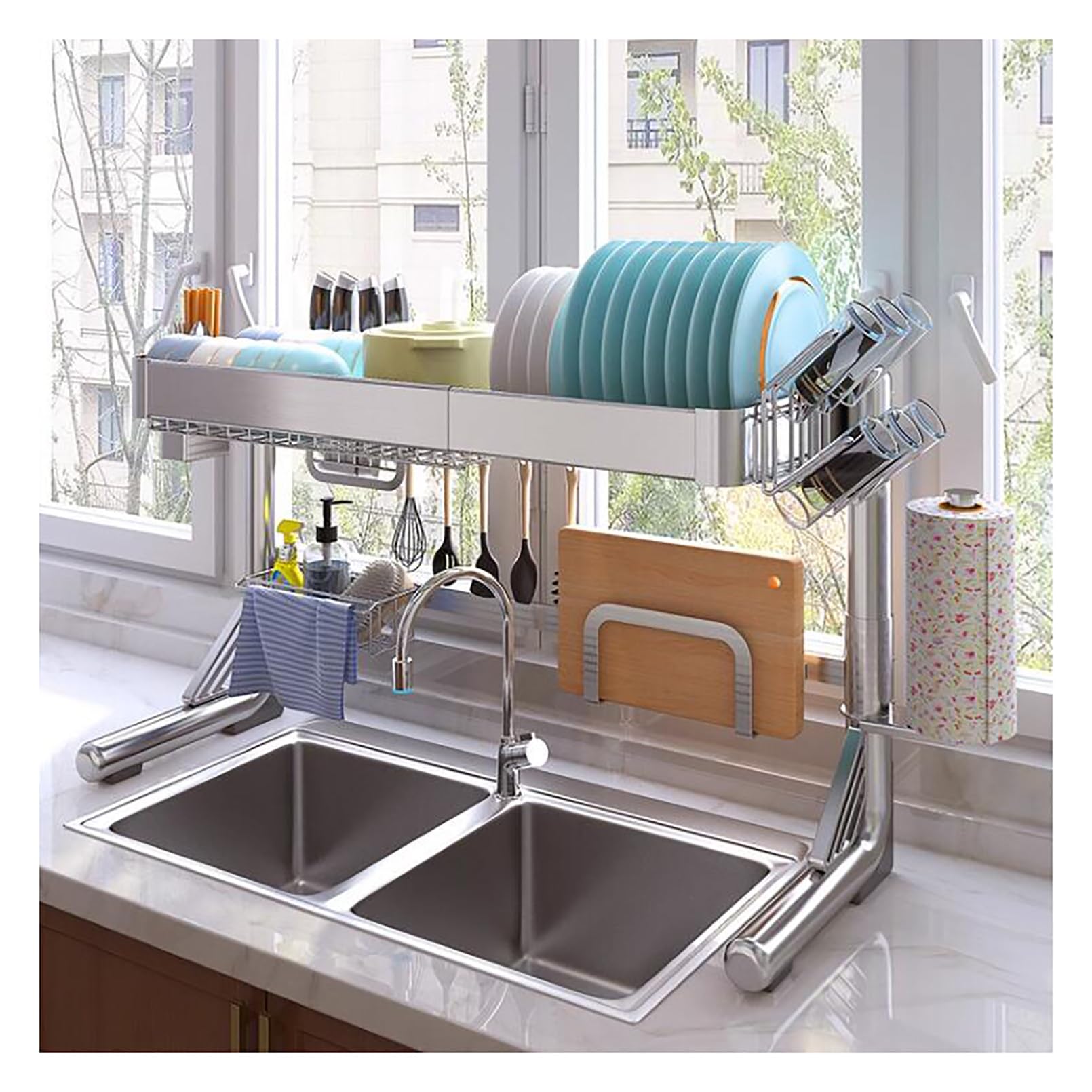 Escurridor de platos de cocina sobre el fregadero, organizador de cocina de acero inoxidable con soporte para utensilios, soporte para toallas de papel, soporte para tazas, soporte para cuchillos