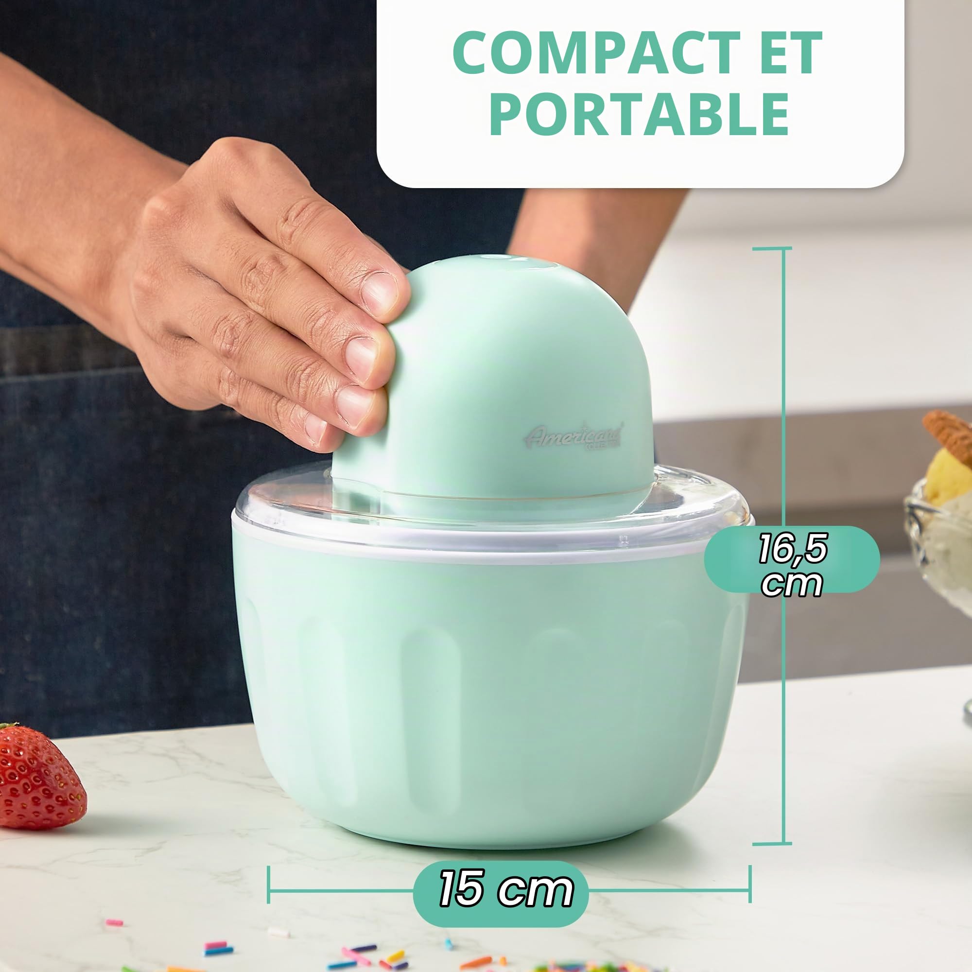Americana Collection Elite Pint Perfect EIM1205MX Machine à crème glacée 1 pinte Tasse de congélation pour yaourt glacé, sorbet, gelato friandise, recettes, menthe