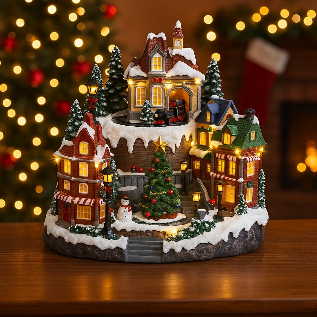 VARZI Carillon Natalizio Villaggio Luminoso con Trenino, Case e Albero di Natale, 37 LED fissi, Decorazione Festiva Interna, Perfetta per Le Feste 30cm 1956
