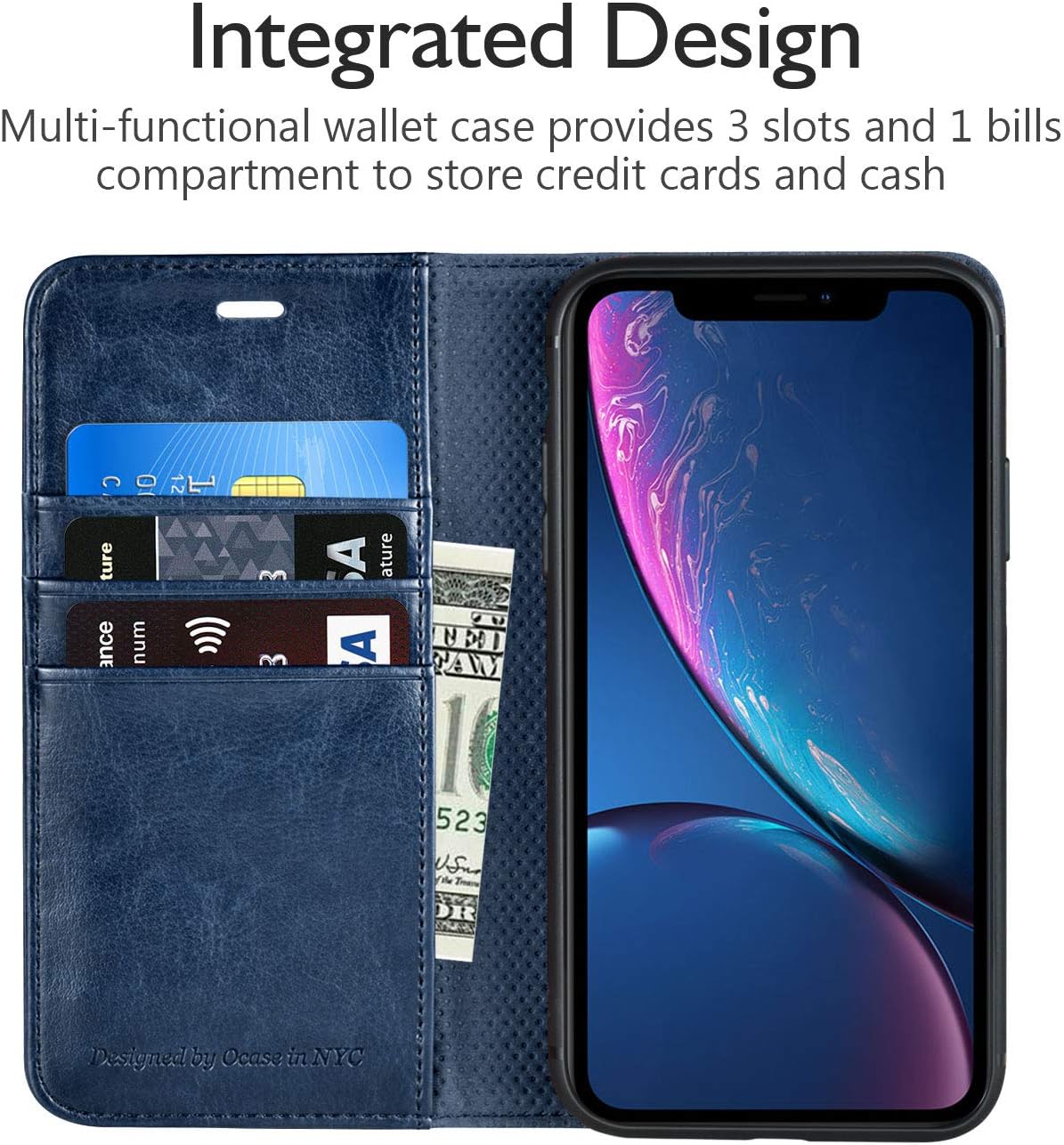 OCASE iPhone XR Case [TPU Shockproof Interior Protective Case] [Card Slot] [Kickstand] Leather Wallet Flip Case for iPhone XR Devices 6.1 Inch - Blue