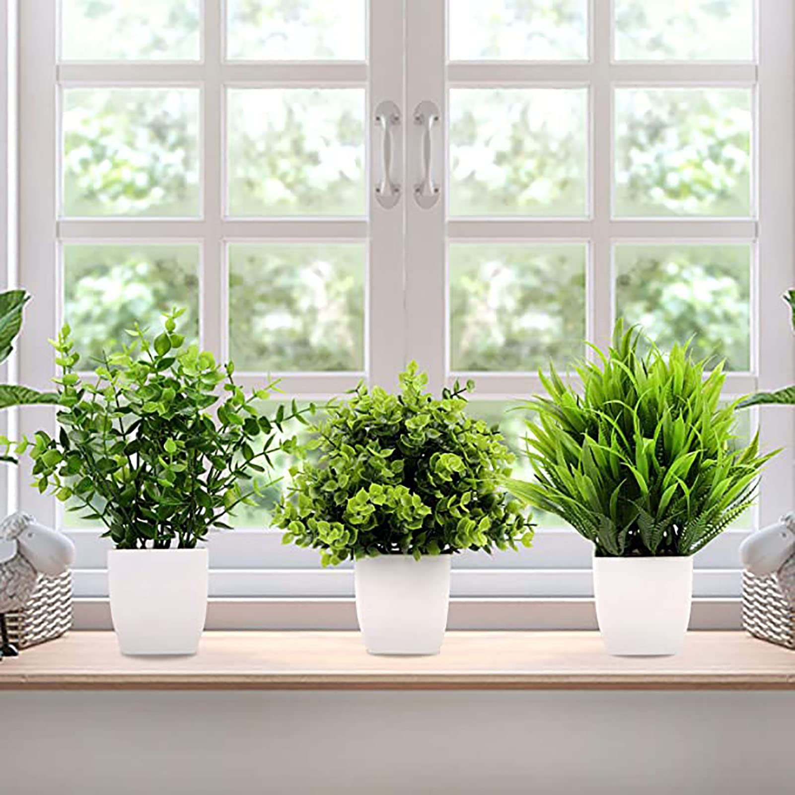 Winlyn Set di 3 mini piante artificiali in vaso di eucalipto in plastica finta pianta di rosmarino verde per la decorazione della casa, ufficio, scrivania, doccia, decorazione della stanza