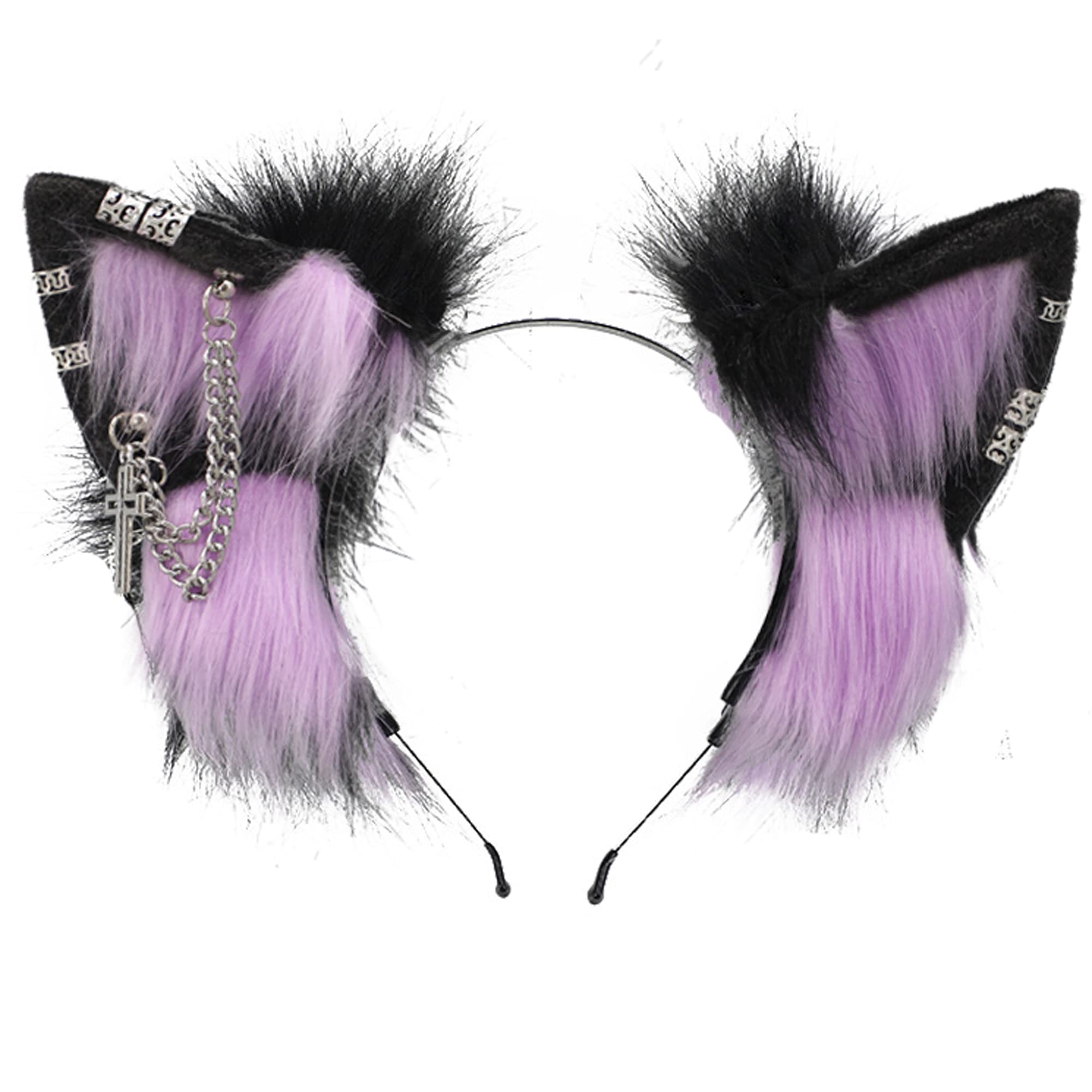 VIGVAN Handmade Wolf Fox Ears Animal Cosplay Cute Head Accessories for Halloween (Chain Black Purple)